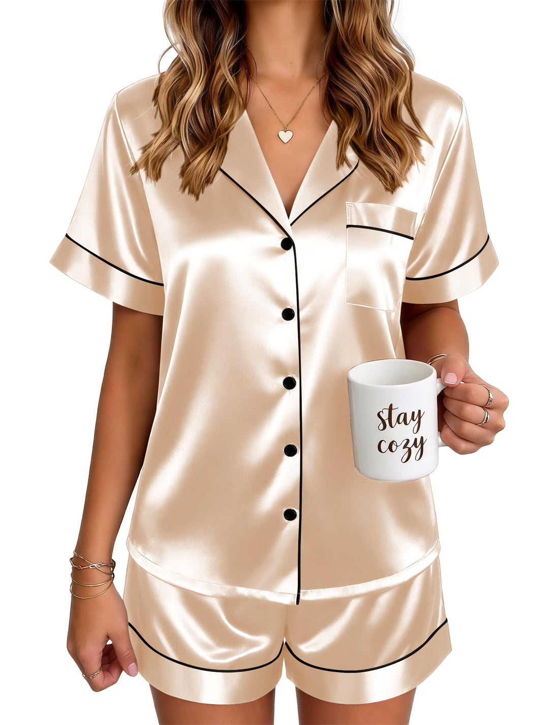 Ekouaer Satin Pajamas for Women Silk Pjs Short Set 2 Piece Lounge Sets
