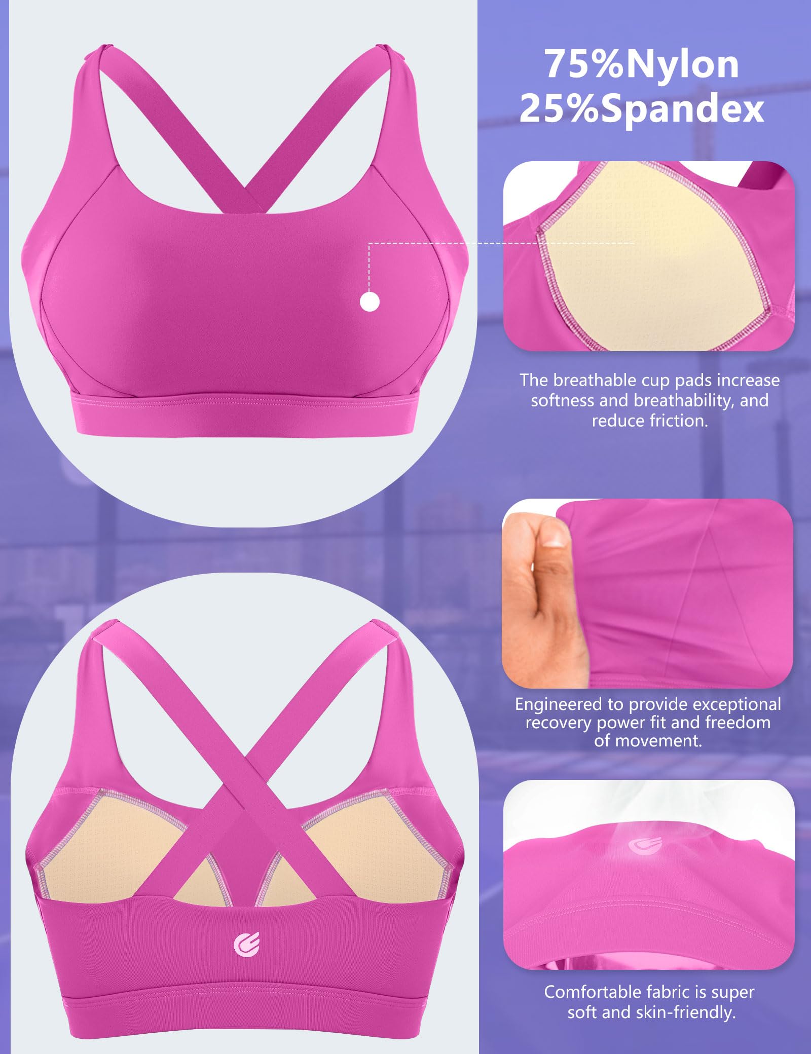 Cordaw Pickleball Sports Bras for Women High Support, Molded Cup Crisscross Back High Impact Workout Yoga Bra