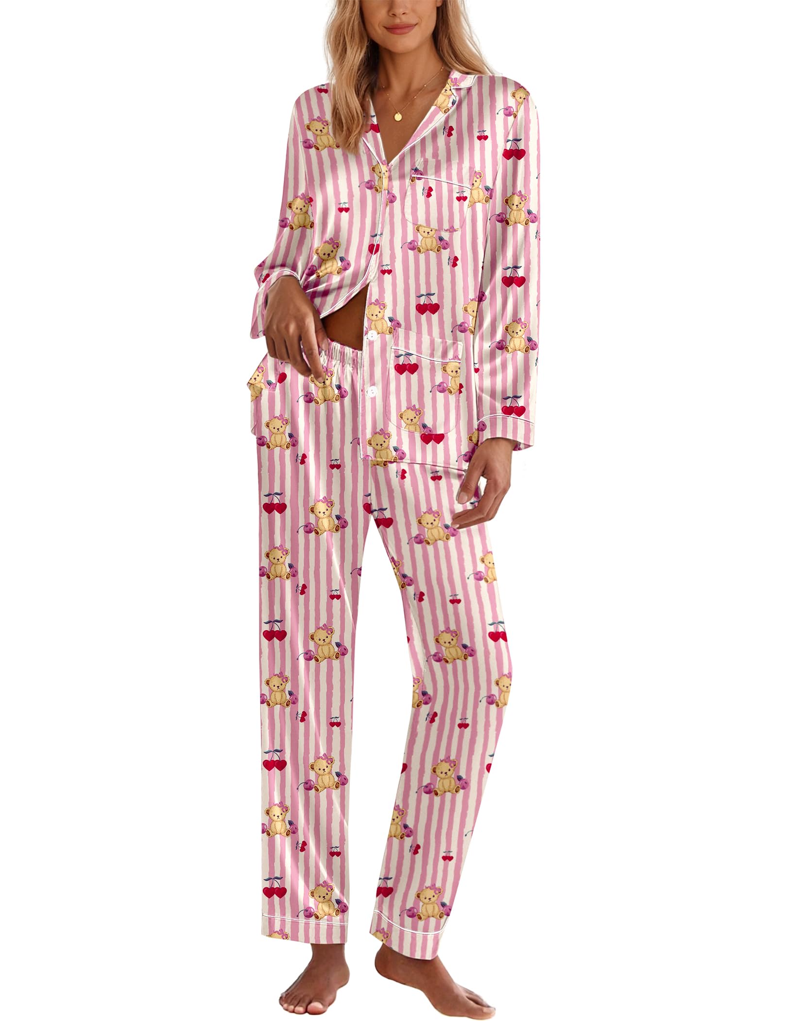 Ekouaer Pajamas for Women Silk Satin Button Down Long Sleeve Pajama Sets
