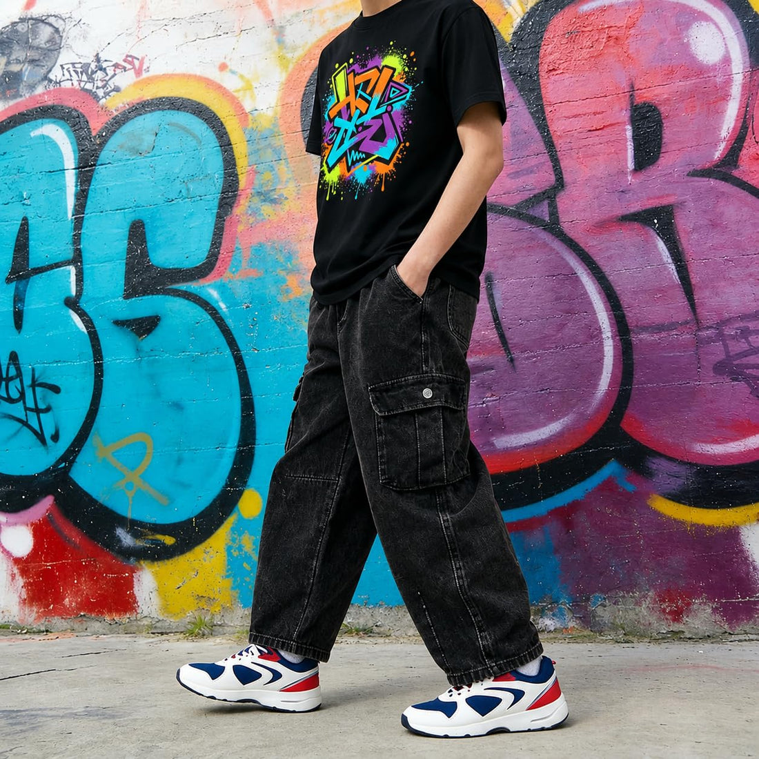 Baggy Jeans for Boys Cargo Jeans, Mid Rise Elastic Waist Multi-Pockets Denim Pants School Streetwear Size 8-12