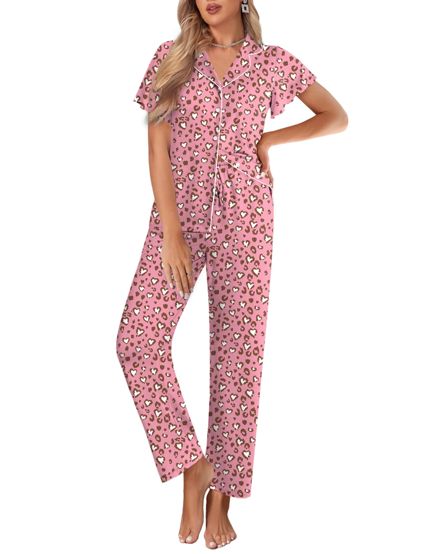 Ekouaer Pajamas for Women Set Ruffle Sleeve Button Up with Long Pants