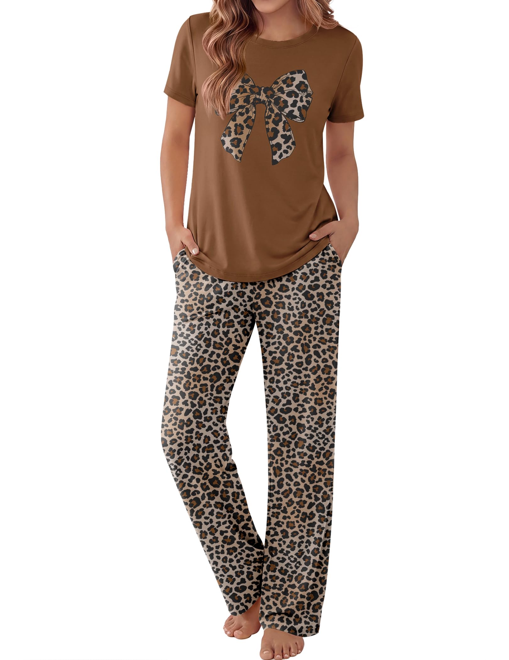 Ekouaer Pajama Set for Women 2 Piece Pjs Short Sleeve Top and Printed Pants