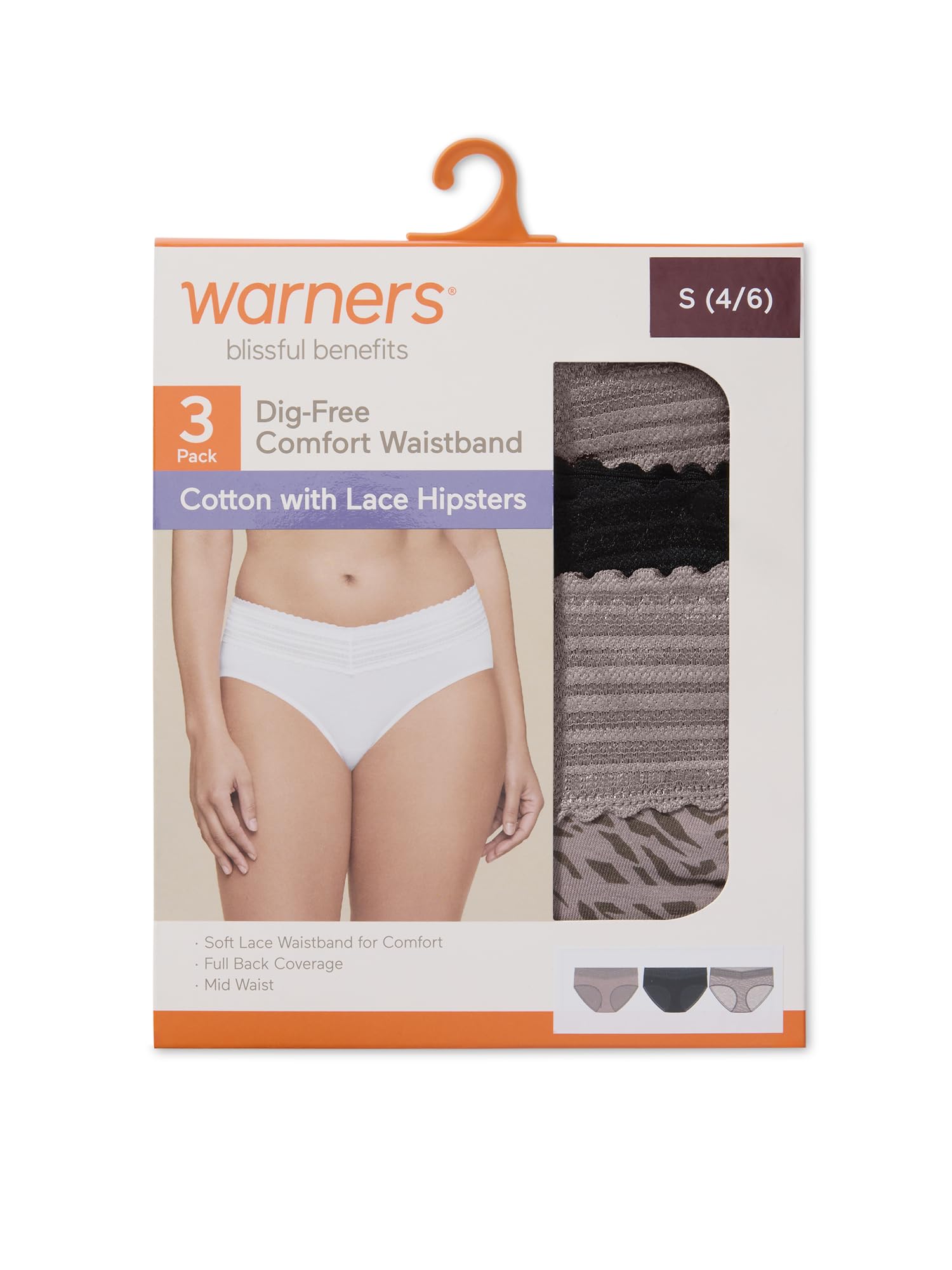 Warner's Women's Blissful Benefits Women's Dig-free Comfort Waist With Lace Cotton Hipster 3-pack