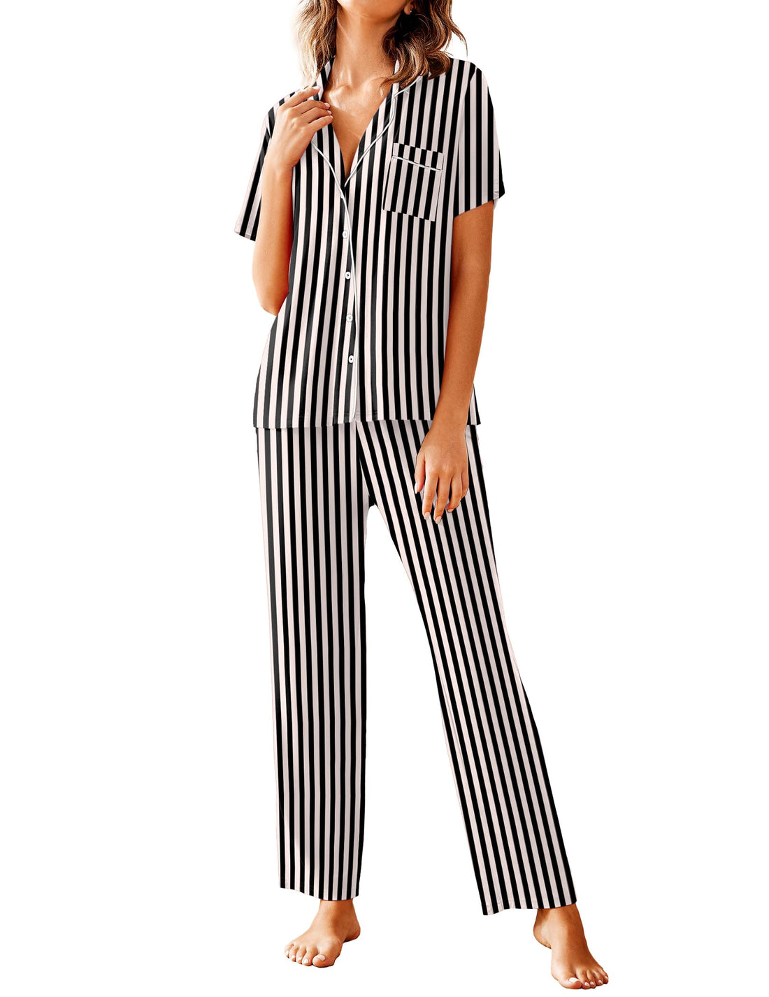 Avidlove Women Pajamas Set Notch Collar Soft Sleepwear Pjs Short Sleeve Button Down Nightwear with Long Pants