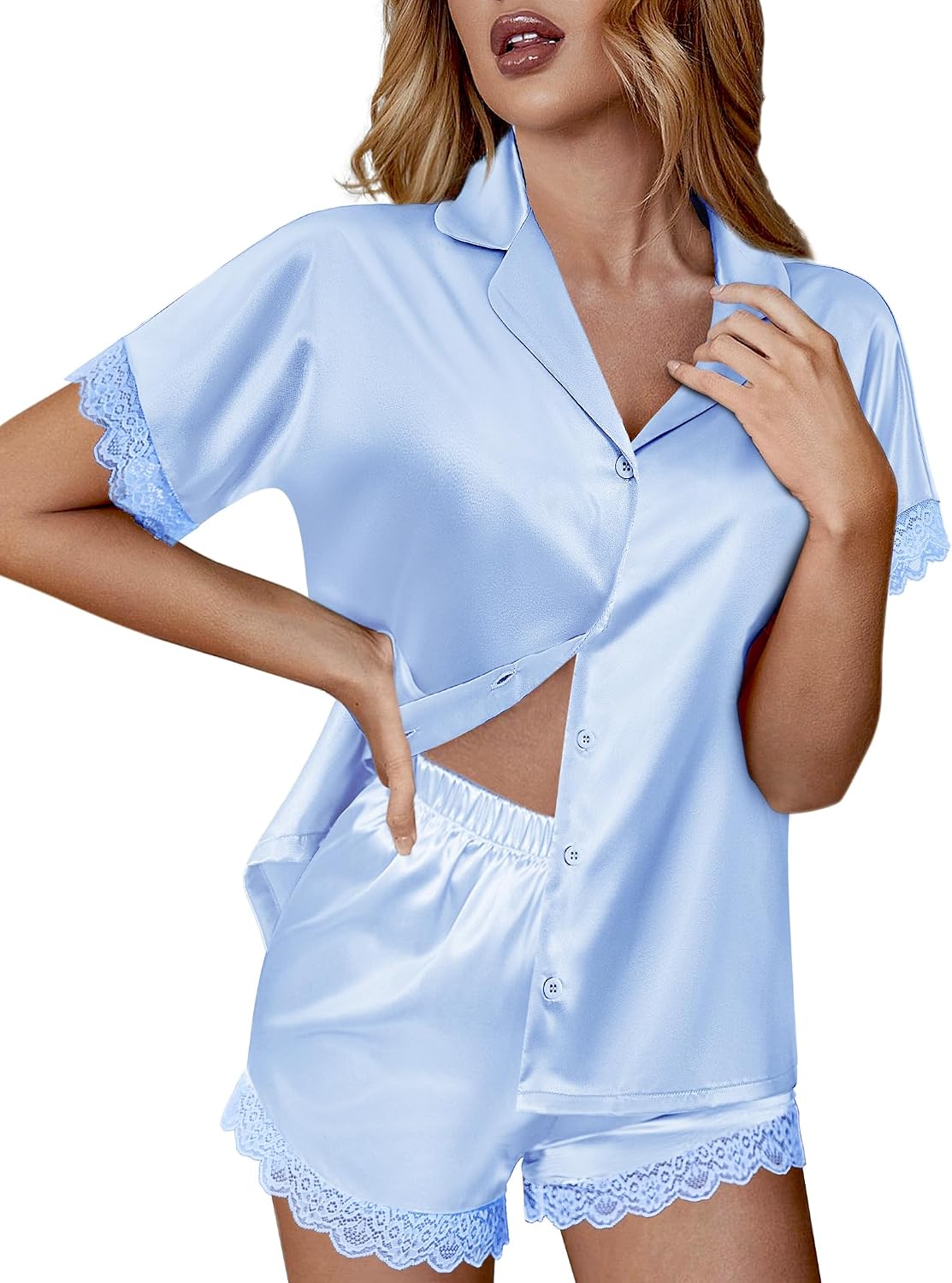 Ekouaer Women Lace Satin Pajama Set Button Down Silk Pjs Shorts Set XS-XXL