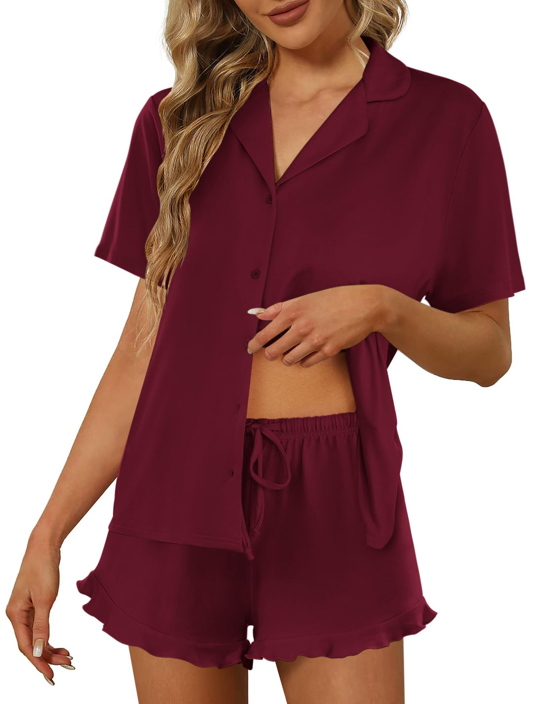 Ekouaer Pajamas Set for Women Short Sleeve Sleepwear Button Down Ruffle Pjs