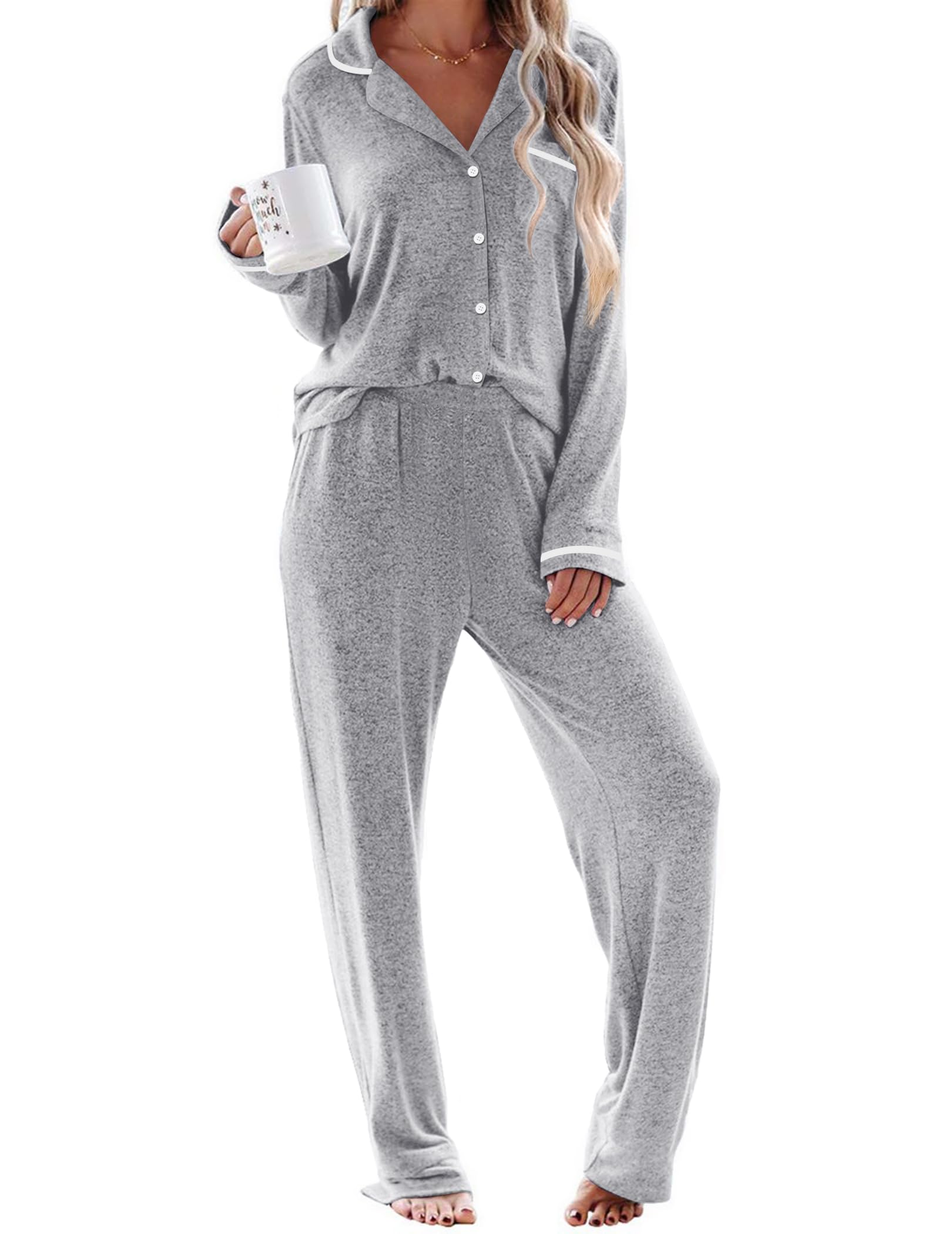 Ekouaer Womens Pajama Sets Long Sleeve Button Down 2 Piece Soft Pjs