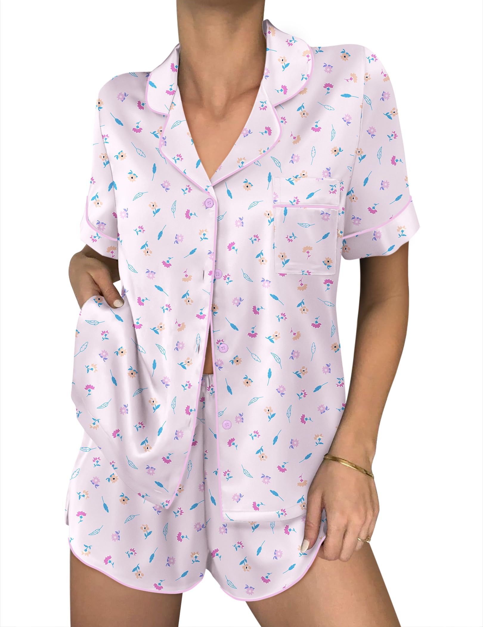 Ekouaer Women Satin Pajama Sets Cute Print Silk Pjs Shorts Sets S-4XL
