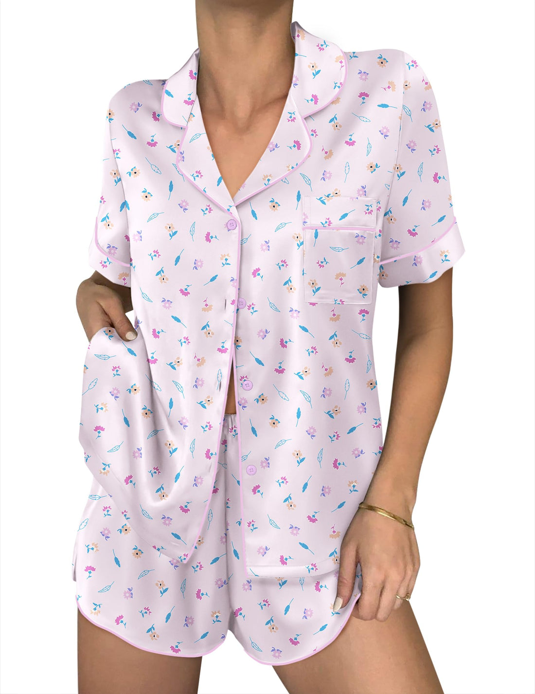 Ekouaer Women Satin Pajama Sets Cute Print Silk Pjs Shorts Sets S-4XL