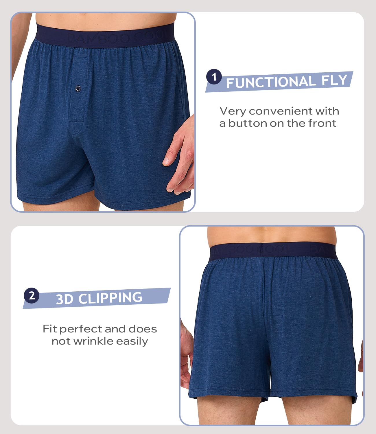 BAMBOO COOL Mens Underwear Boxers Moisture-wicking and Cool Men's Boxer Shorts Loose Fit Super Soft 4 Pack