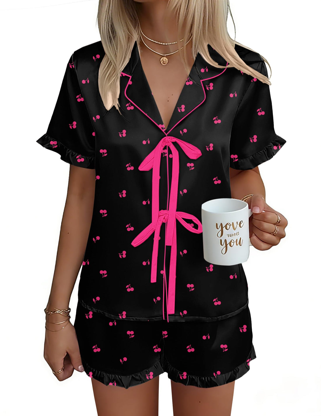 Ekouaer Satin Pajama for Women Short Sleeve Silky Pj Short Sets Lounge Set