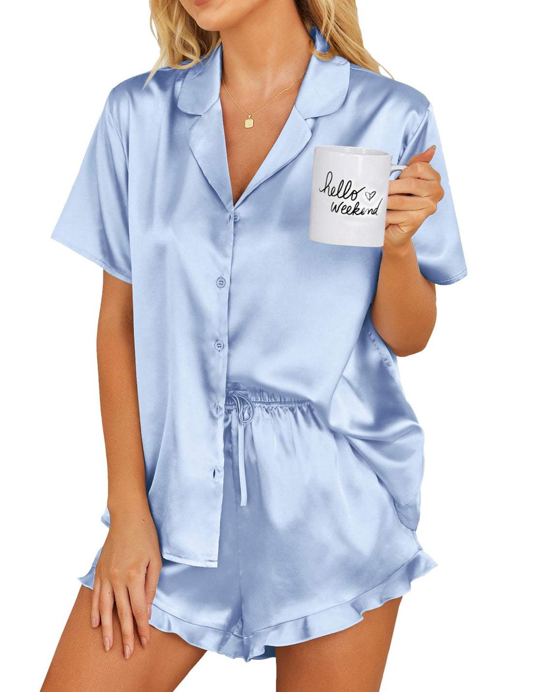Ekouaer Womens Satin Pajamas Set Button Down Silk Pj Shorts Set with Ruffle