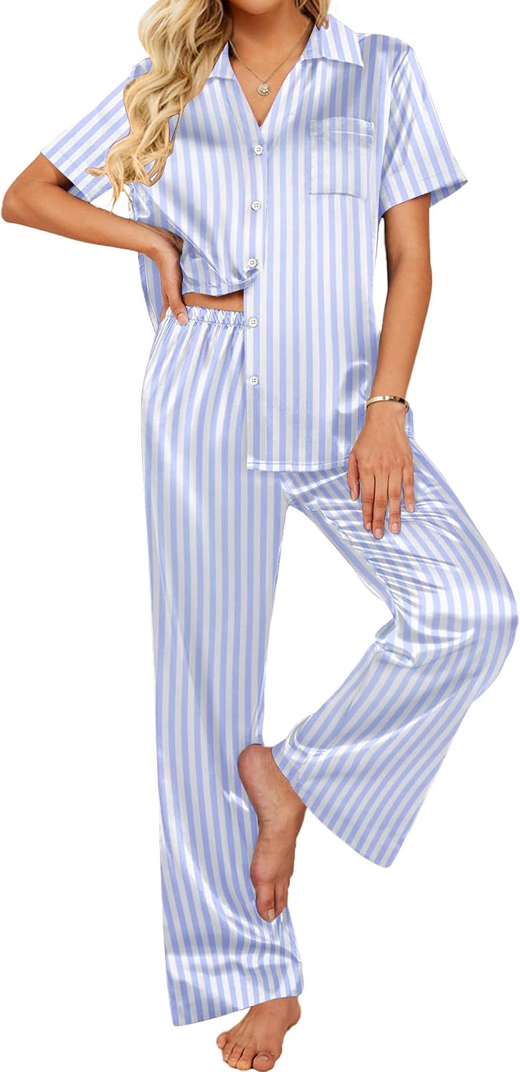 Ekouaer Silk Pajamas for Womens Set 2 Piece Fall Pjs Button Down Sleepwear