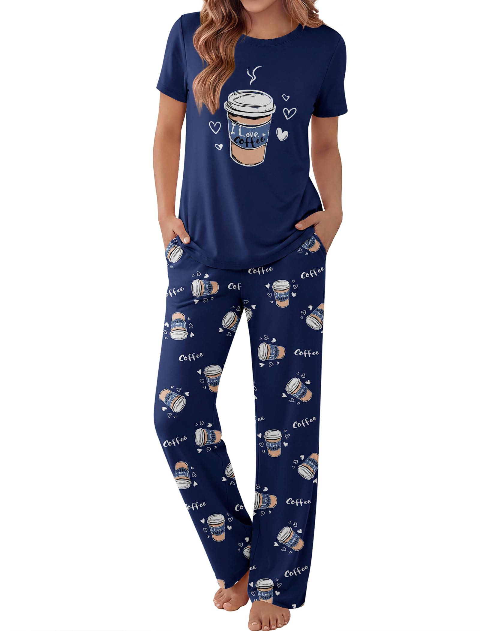 Ekouaer Pajama Set for Women 2 Piece Pjs Short Sleeve Top and Printed Pants