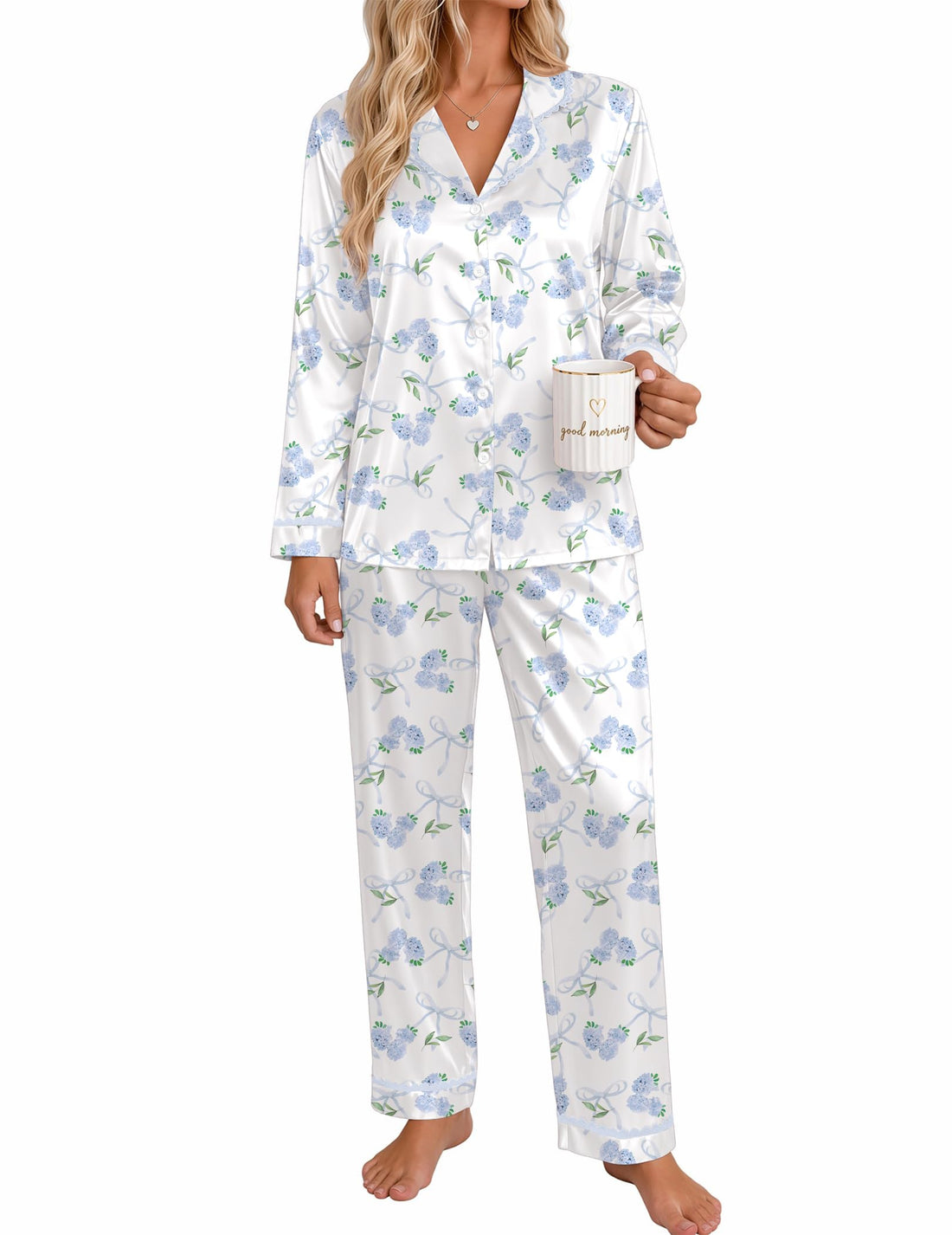 Ekouaer Satin Pajamas for Women Set 2 Piece Silk Pjs Long Sleeve Lounge Set