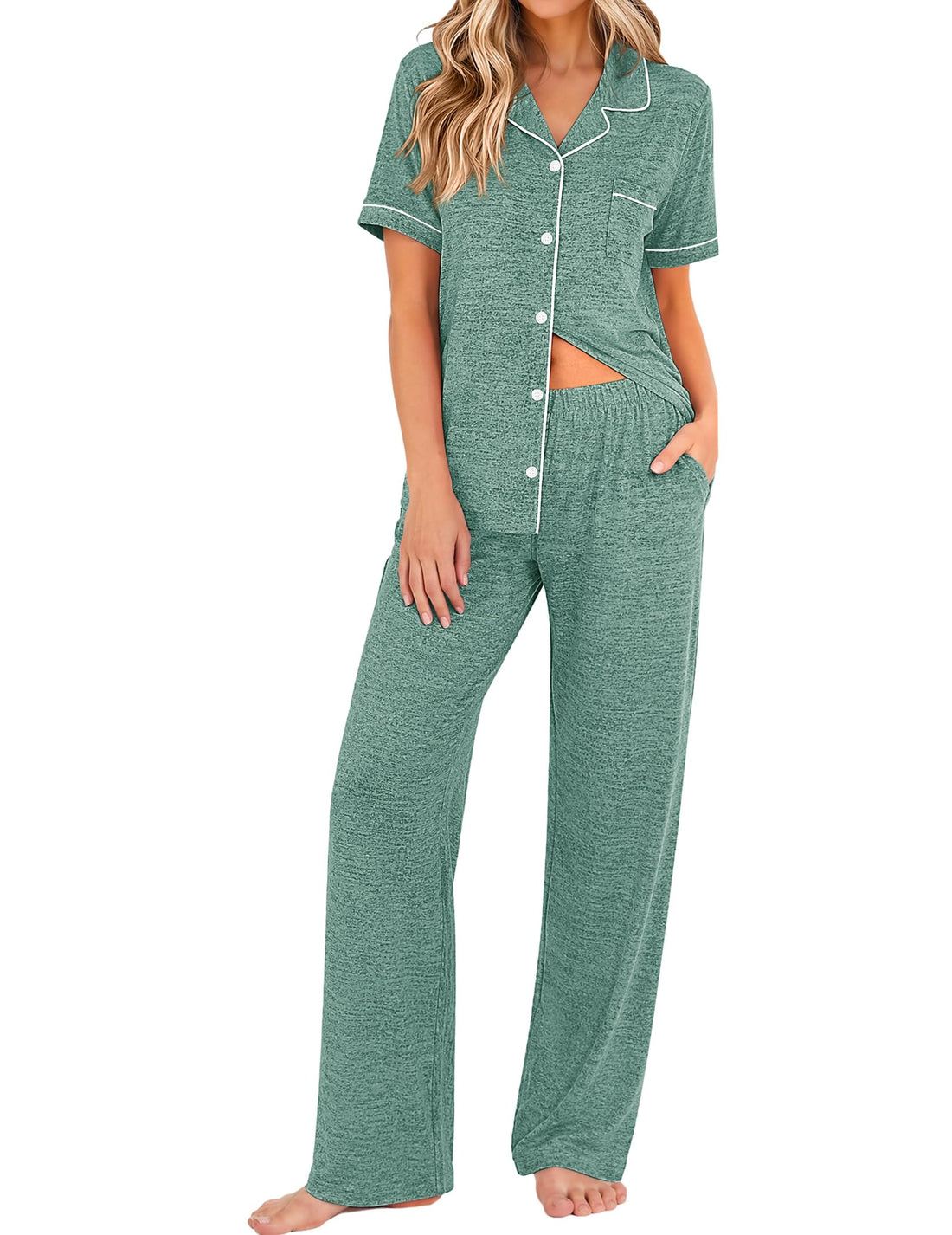 Ekouaer Pajamas for Women Set Short Sleeve Long Pants 2 Piece Lounge Set