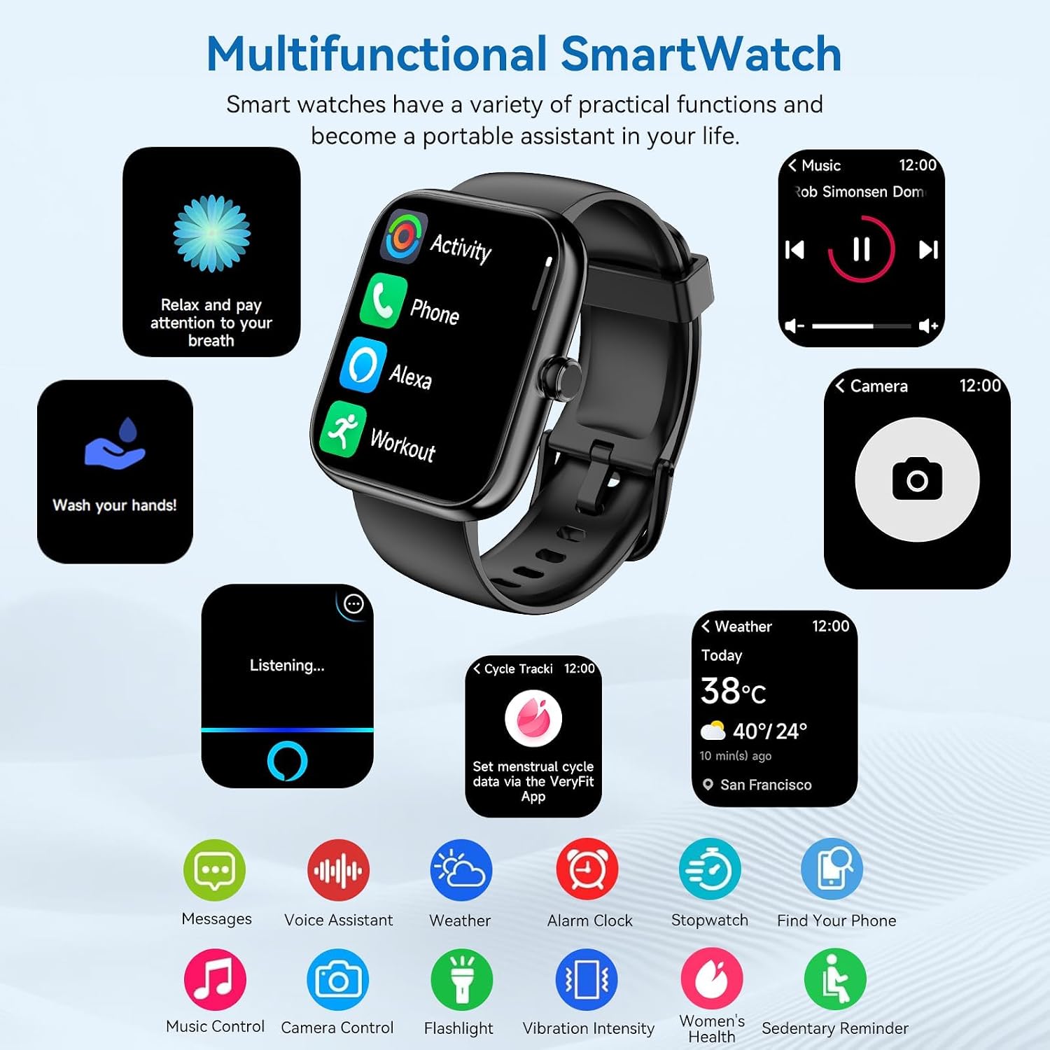 Smart Watch with Alexa Built-in, 1.83" HD Health Fitness Tracker, Bluetooth Calls/Notifications, 120+ Sports Modes, 24/7 Heart Rate/Sleep Tracking, IP68 Waterproof for iPhone and Android (Black)