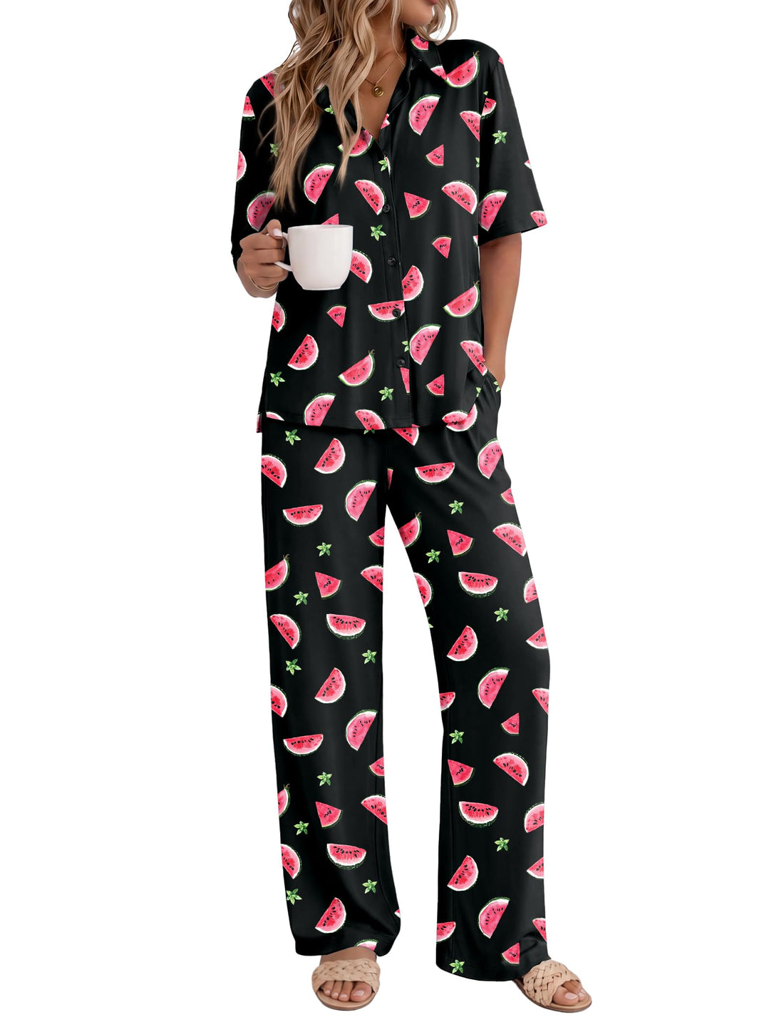 Ekouaer Pajamas for Women Set Button Up Short Sleeve Pjs with Long Pants