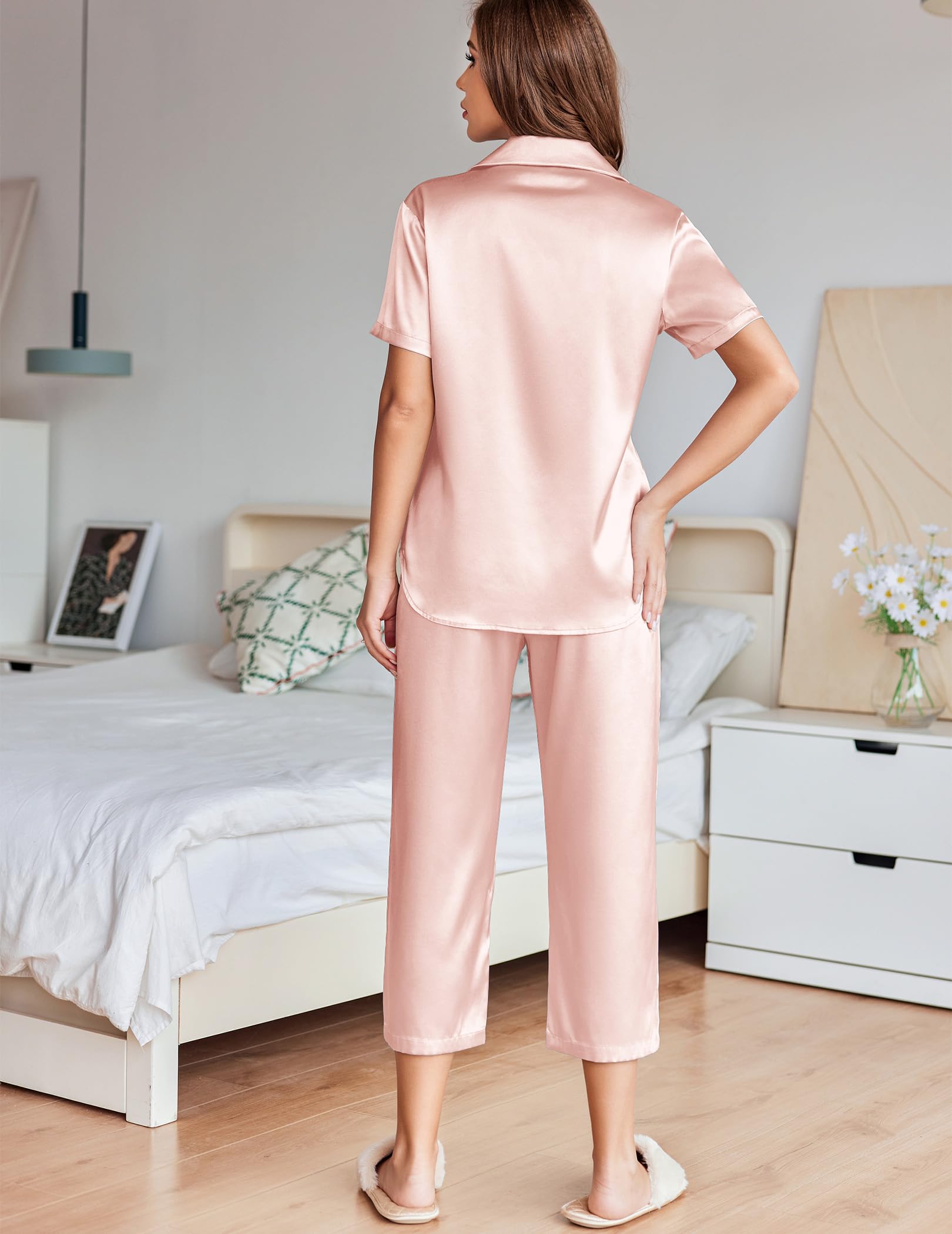 Ekouaer Womens Satin Silky Capri Pajamas Short Sleeve Button Down Sleepwear