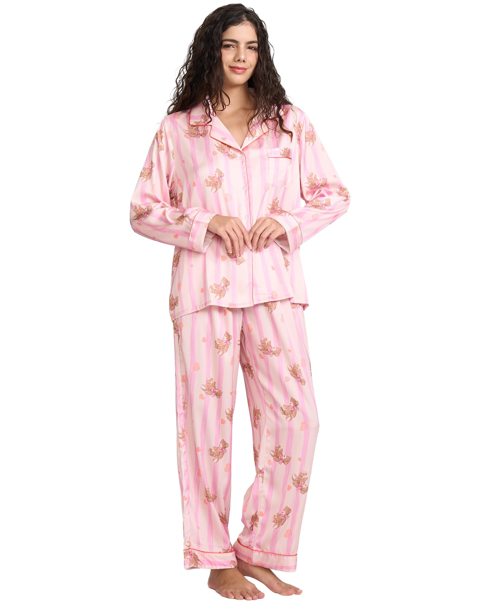 YiNi LuLu Womens Silk Satin Pajamas Set Button Down 2 Piece Pjs Long Sleeve Oversized Sleepwear with Pockets