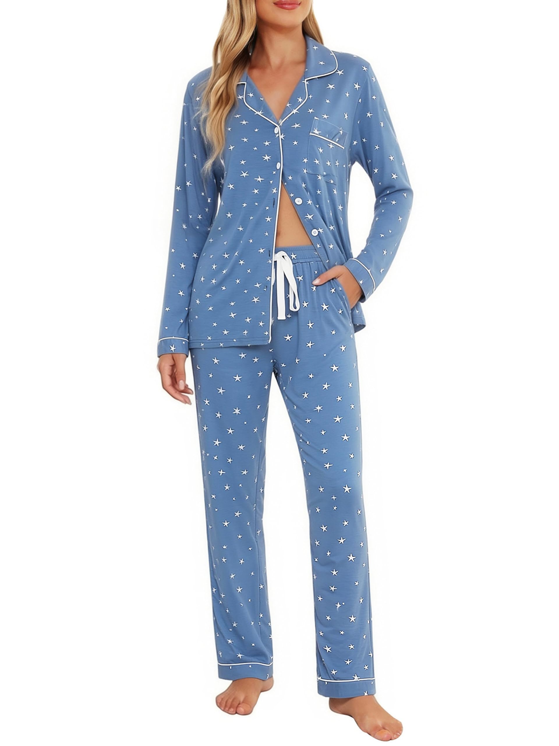 Senert Pajamas Set For Women Long Sleeve Sleepwear with Pocket Soft Button Down Shirt Long Pants Pj Lounge Sets S-XXL