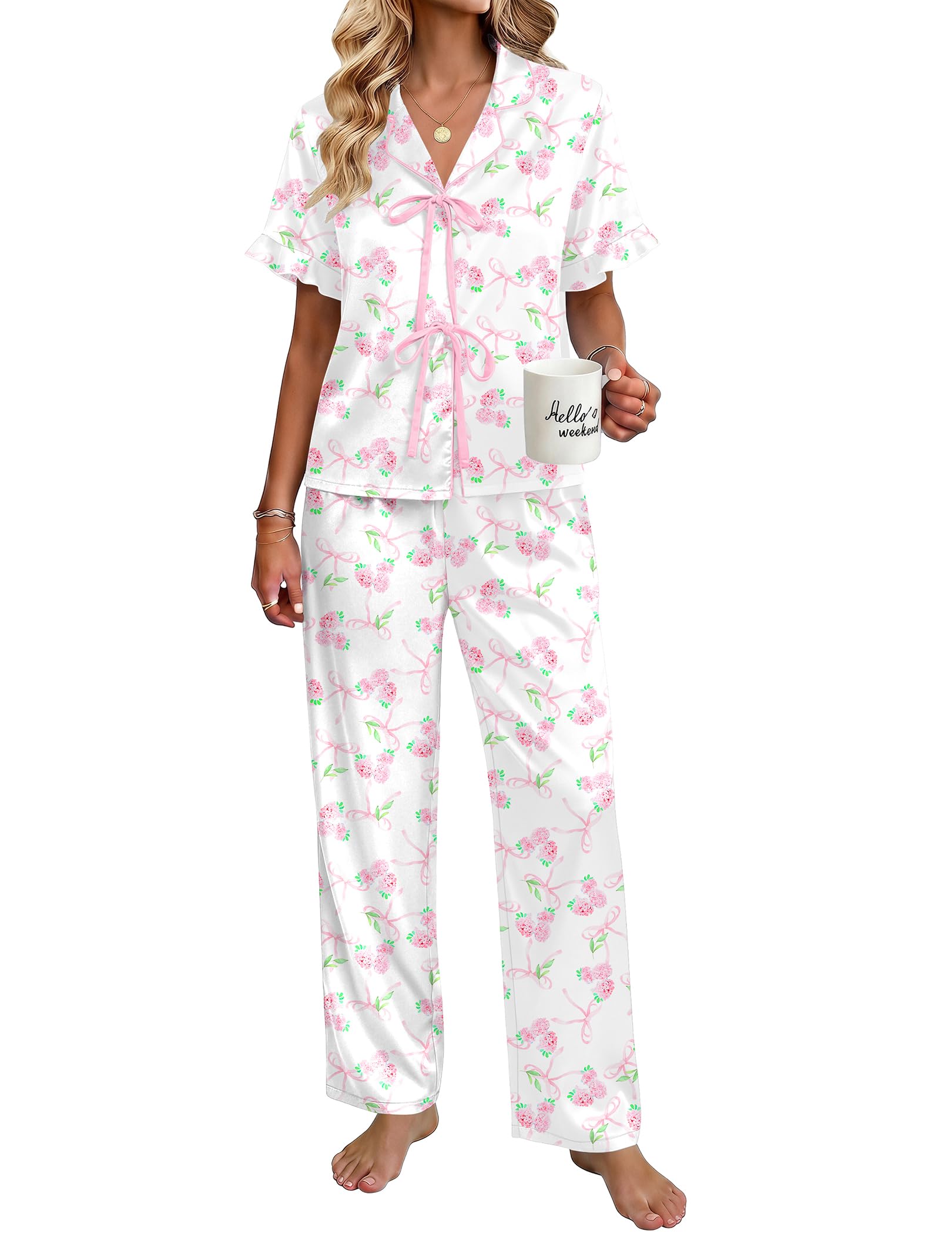 Ekouaer Womens Satin Pajama Sets Silky Tie Front Ruffle Pjs Sets Sleepwear