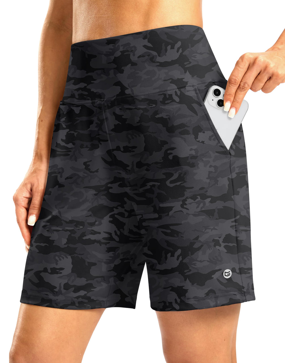 Women's Athletic Shorts with Zipper Pocket 7" High Waisted Stretchy Bermuda Shorts for Women Workout Running Casual