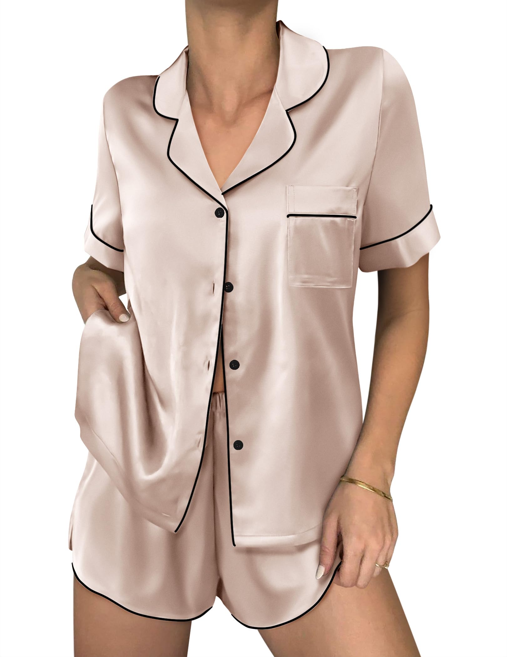 Ekouaer Women Satin Pajama Sets Cute Print Silk Pjs Shorts Sets S-4XL