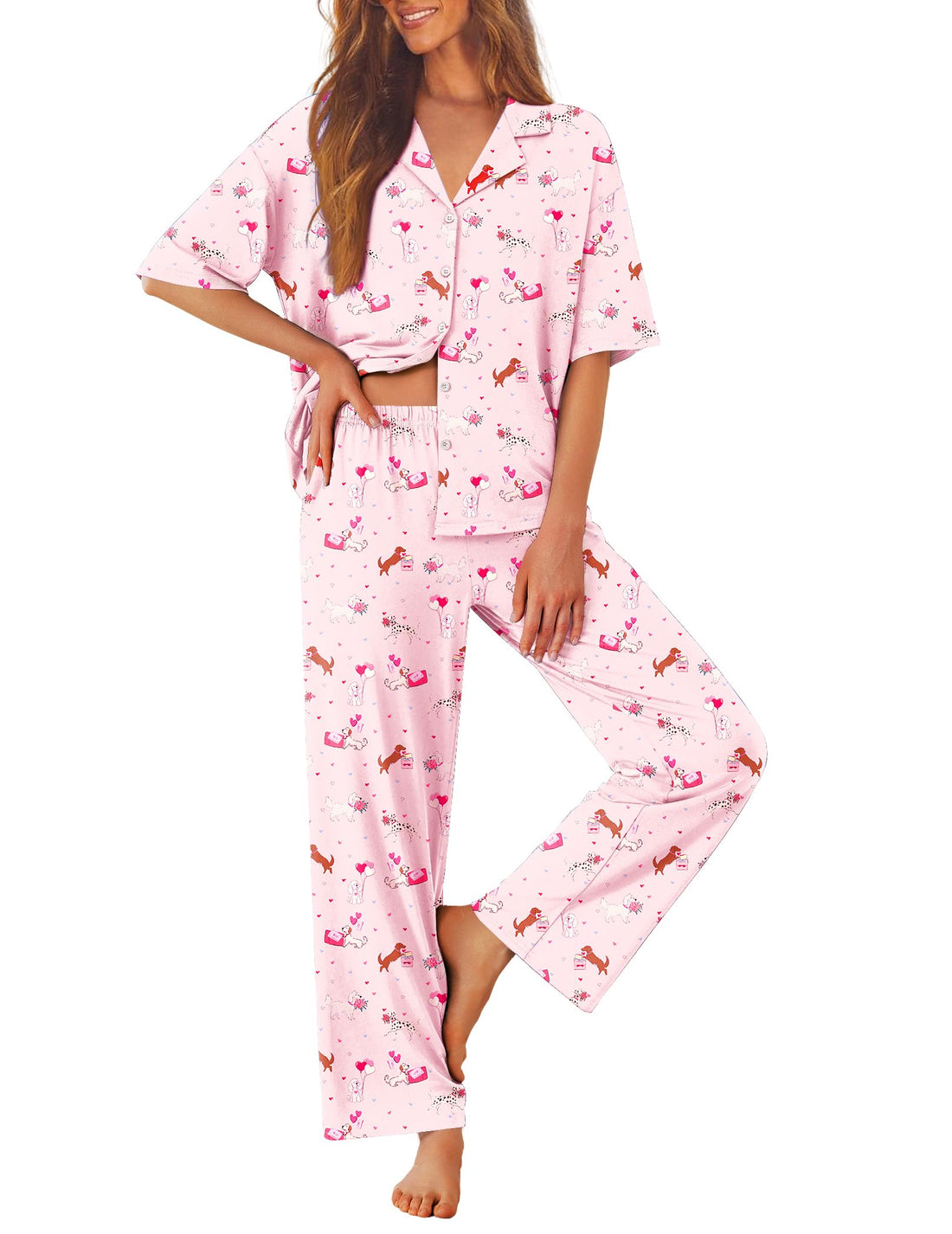 Ekouaer Women Pajamas Set Button Down Sleepwear Short Sleeve Pjs Long Pants