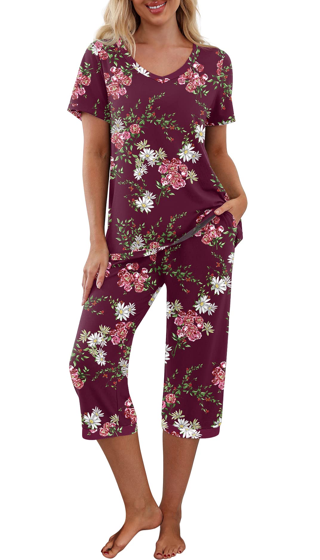 PrinStory Womens Pajama Sets Capri Pjs Soft Lounge Sets S-4XL
