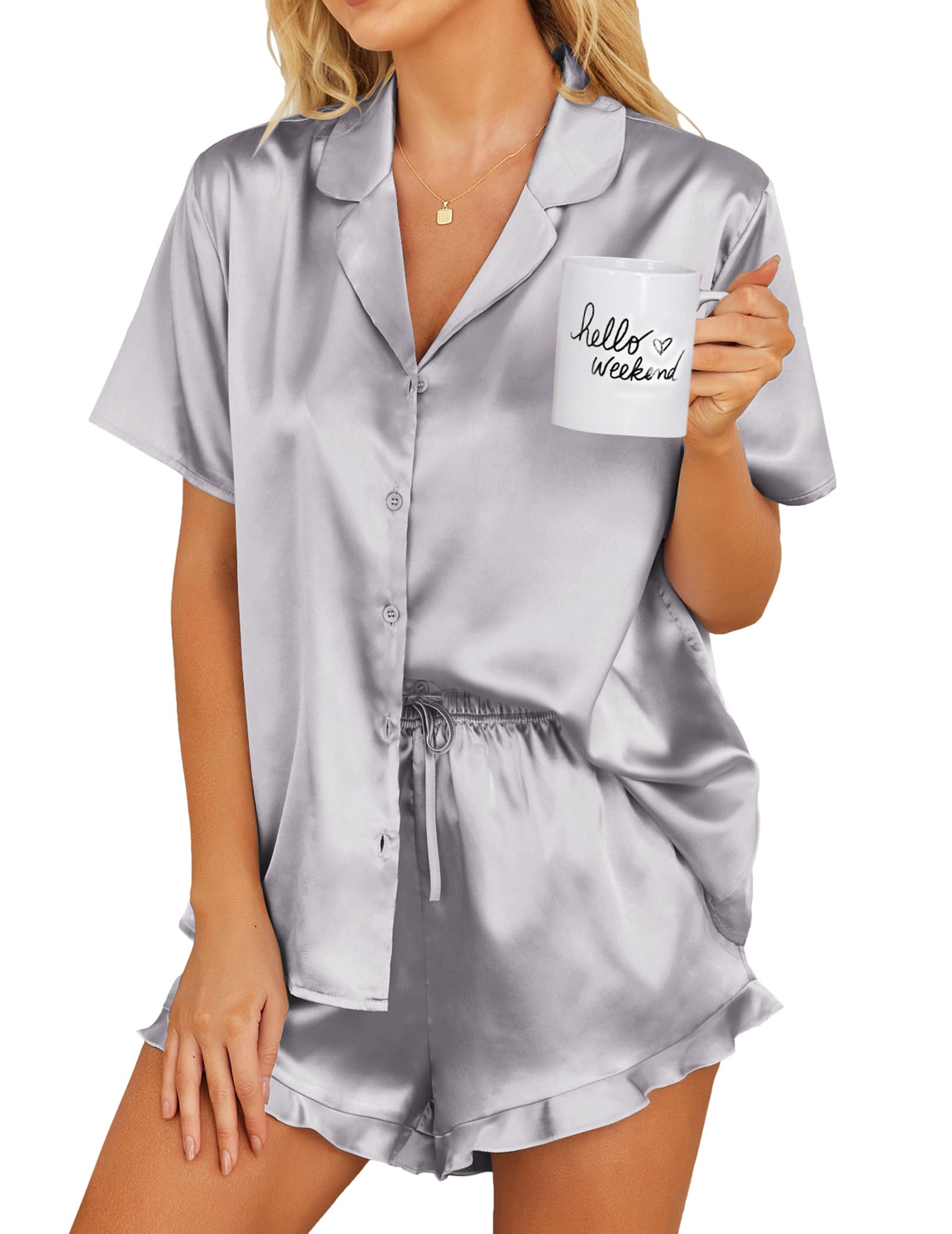 Ekouaer Womens Satin Pajamas Set Button Down Silk Pj Shorts Set with Ruffle