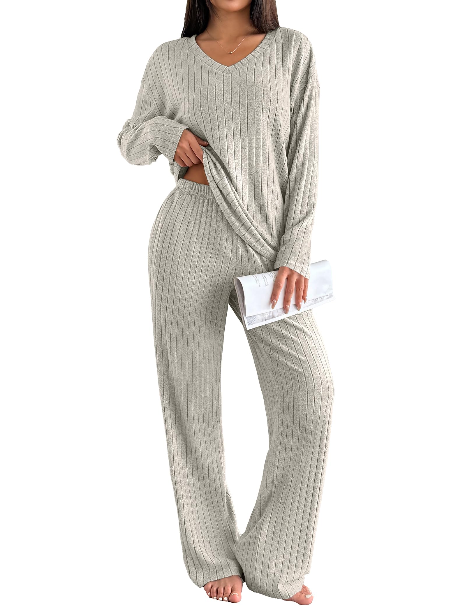 Ekouaer Lounge Sets for Women Long Sleeve Knit Ribbed Pajama Sets 2 Piece Casual Loungewear with Pockets