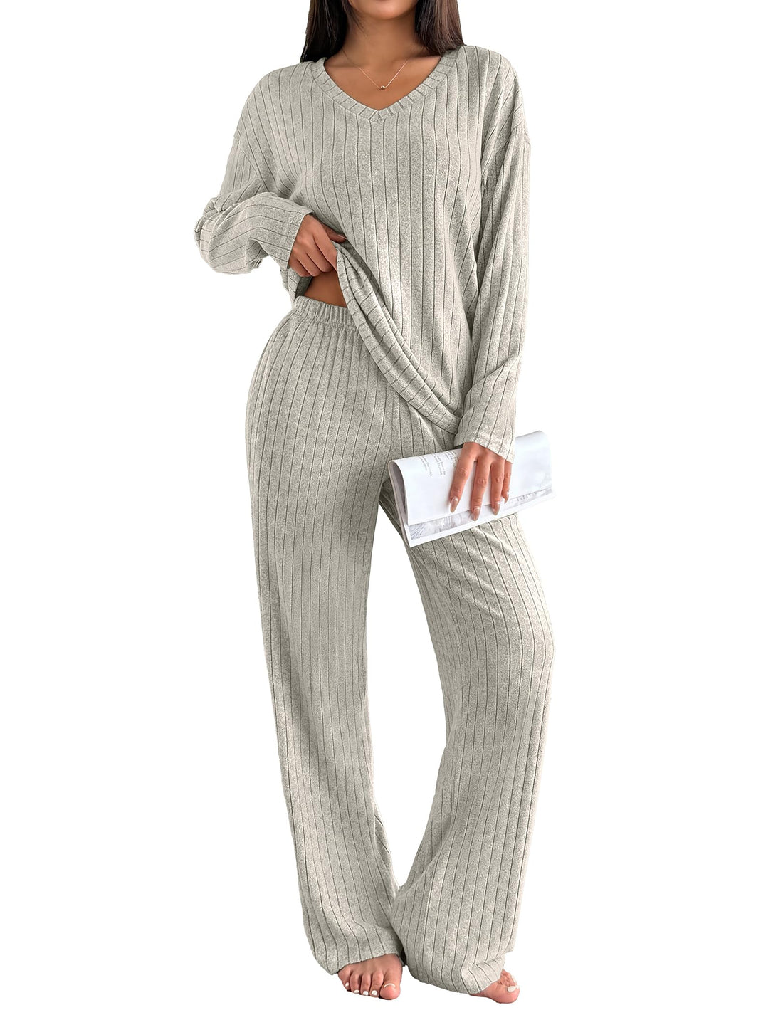 Ekouaer Lounge Sets for Women Long Sleeve Knit Ribbed Pajama Sets 2 Piece Casual Loungewear with Pockets