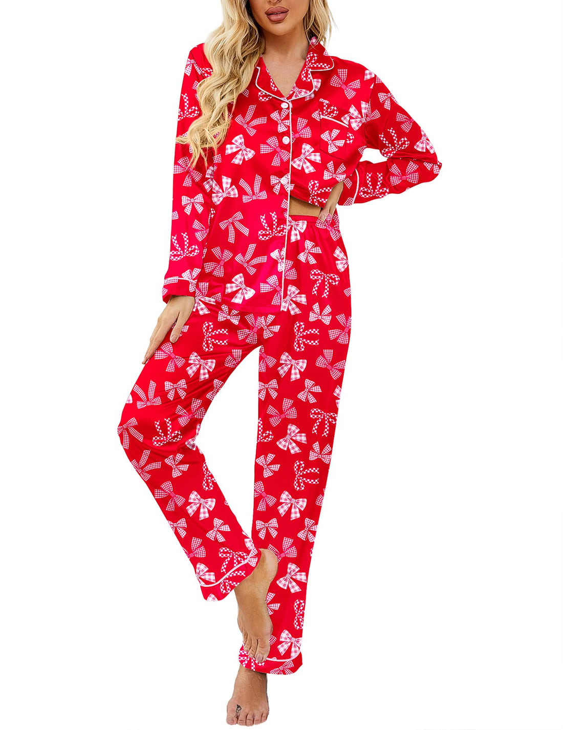 Ekouaer Women's Classic Button Down Long Satin Silk Pajama Set