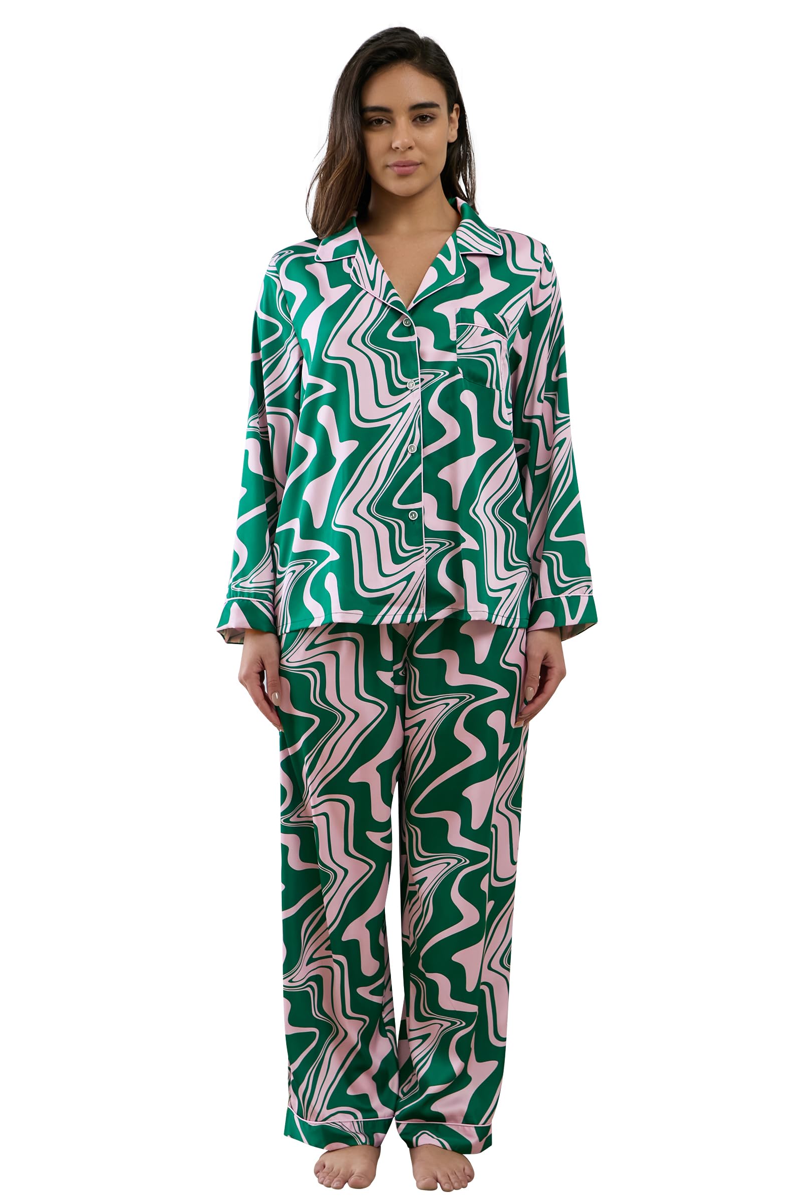 YiNi LuLu Womens Silk Satin Pajamas Set Button Down 2 Piece Pjs Long Sleeve Oversized Sleepwear with Pockets