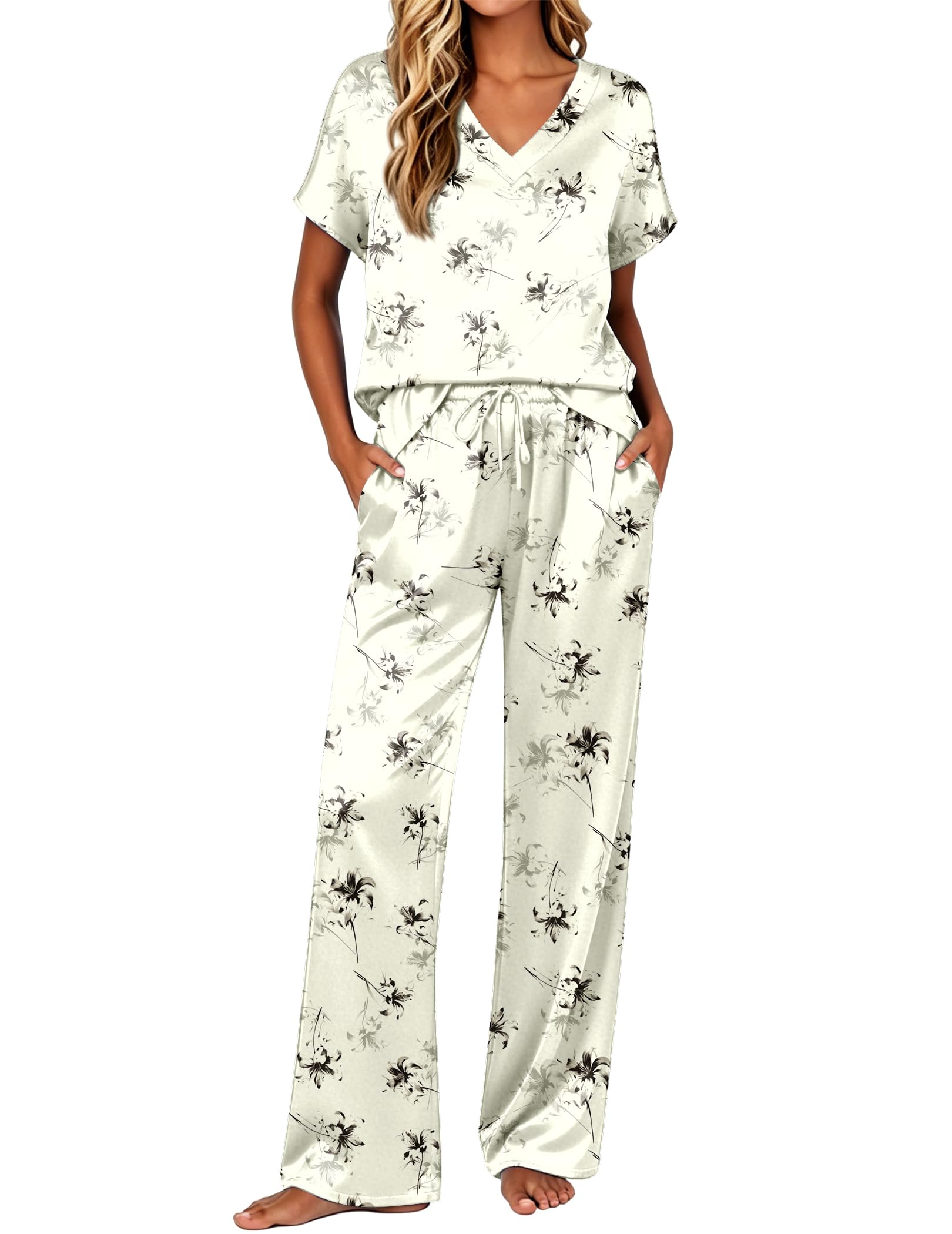 Ekouaer Womens Silk Pajamas Set 2 Piece Satin Pjs Cap Sleeve Loungewear