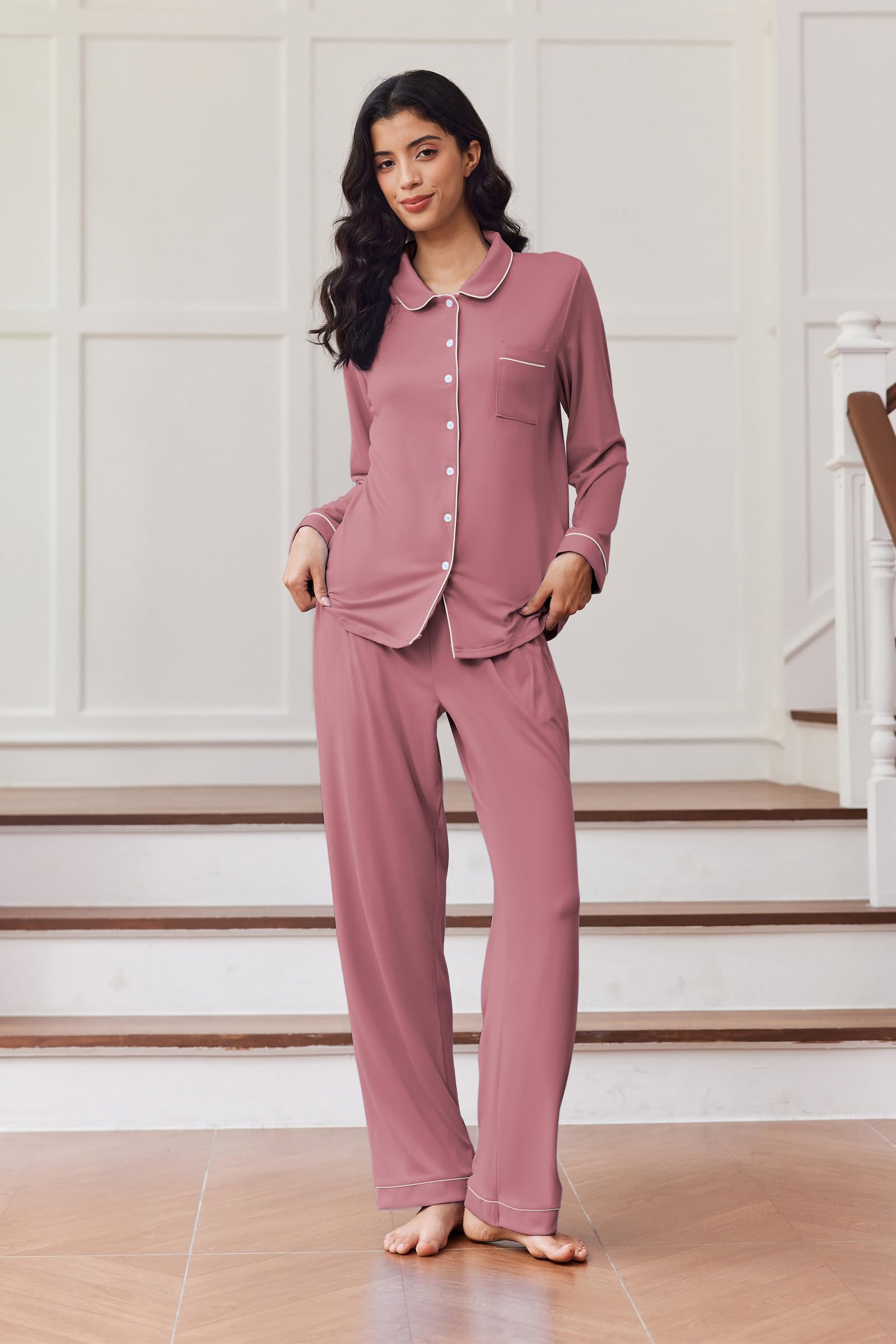 Ekouaer Women's Pajama Set Long Sleeve Lounge Set Soft Button Down Pjs