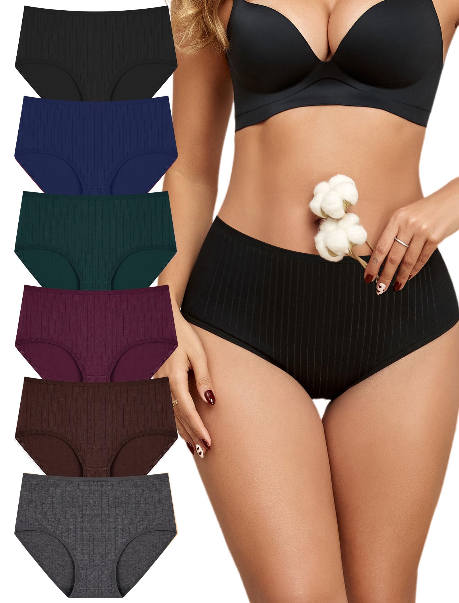 FINETOO Cotton Underwear Women High Waisted Ribbed Breathable Briefs 6 Pack