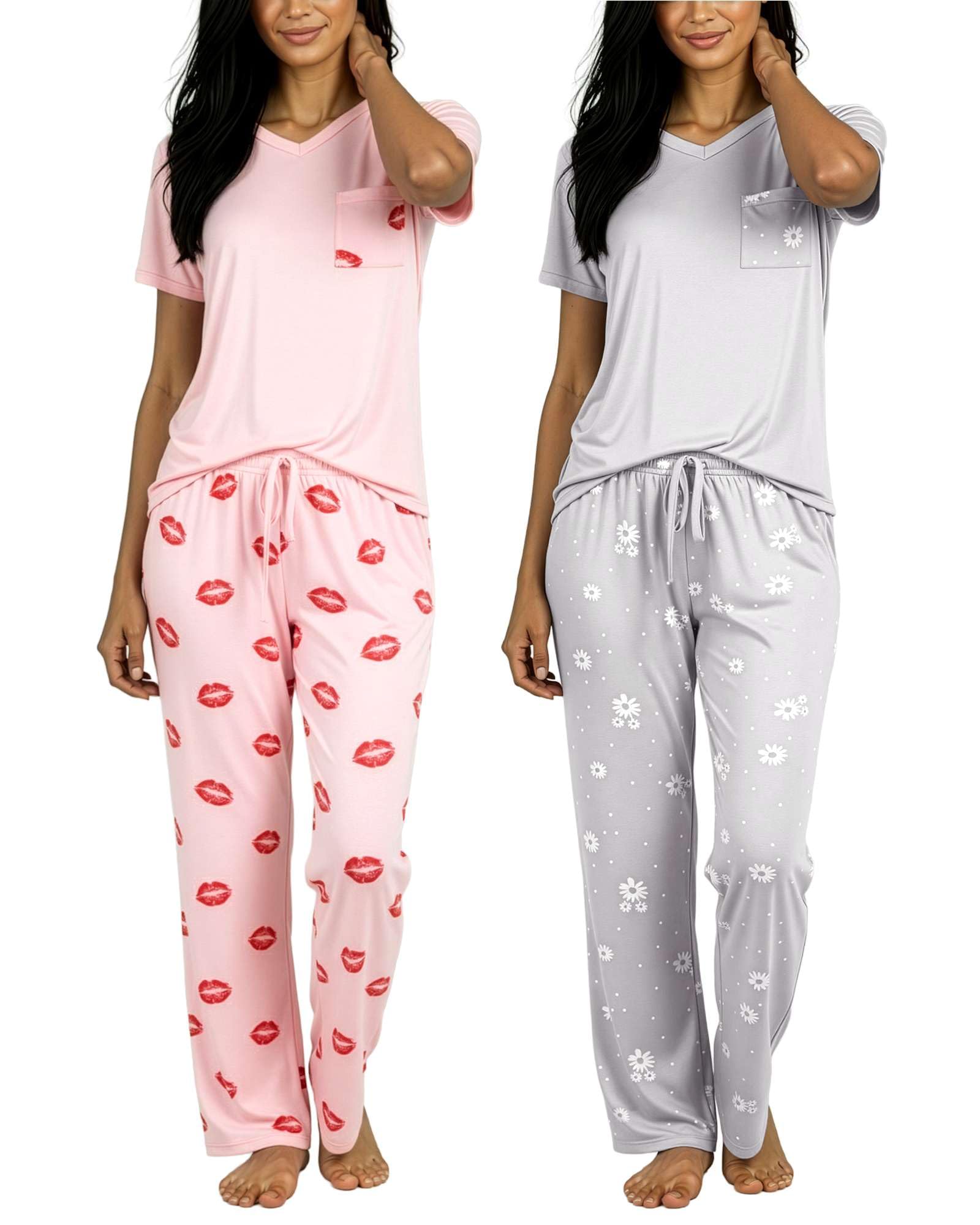 2 Pack Women's Pajama Sets Short Sleeve Sleepwear Comfy Cute Loungewear PJ