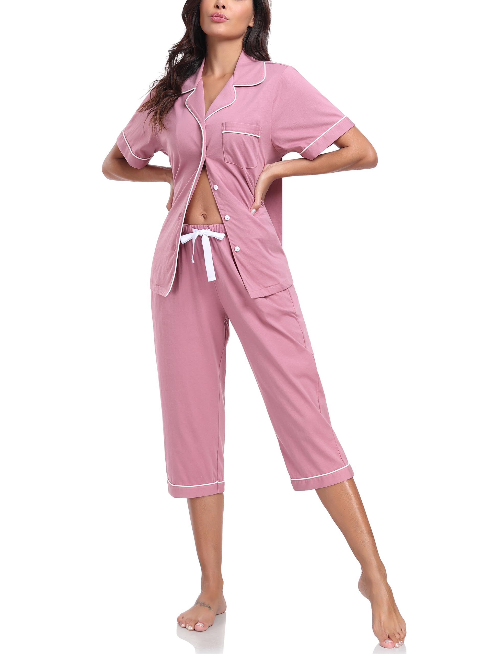 COLORFULLEAF 100% Cotton Women's Pajama Sets Short Sleeve Capri Pajamas for Women Set Button Down Pjs Soft Sleepwear Summer