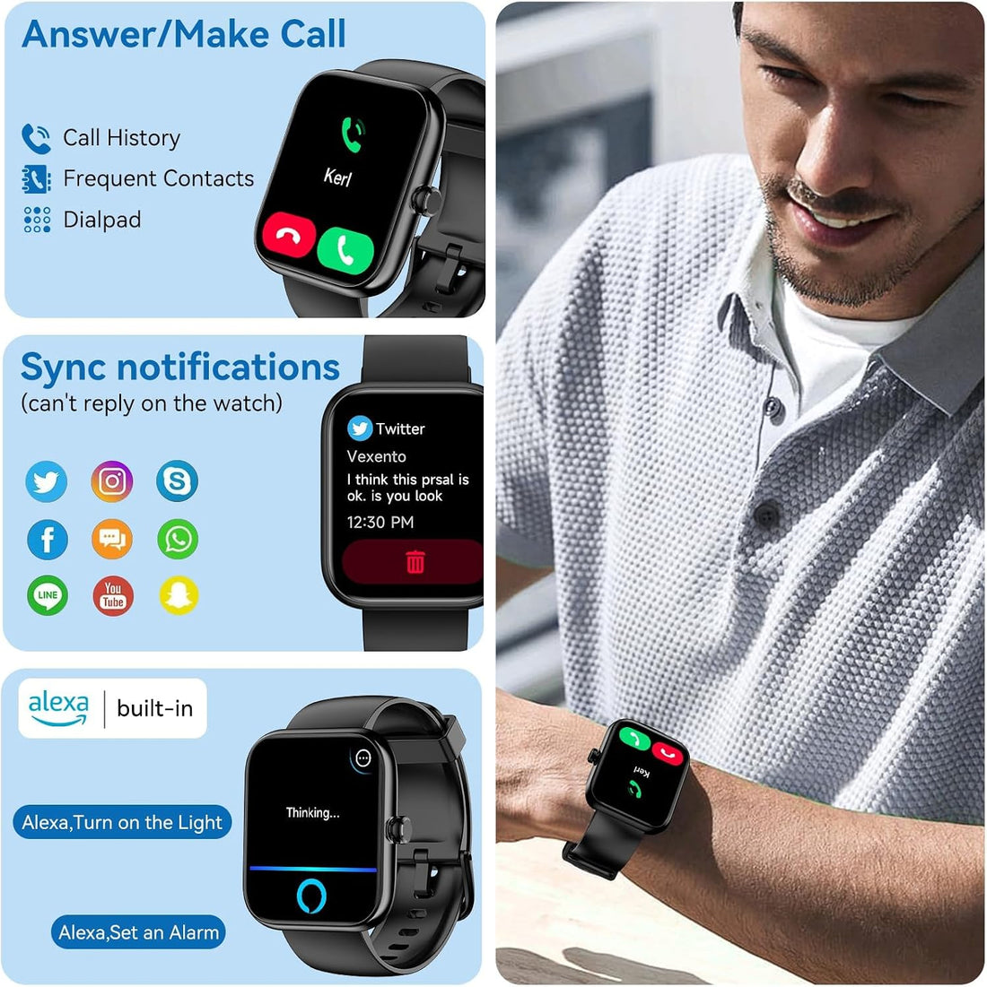 Smart Watch with Alexa Built-in, 1.83" HD Health Fitness Tracker, Bluetooth Calls/Notifications, 120+ Sports Modes, 24/7 Heart Rate/Sleep Tracking, IP68 Waterproof for iPhone and Android (Black)