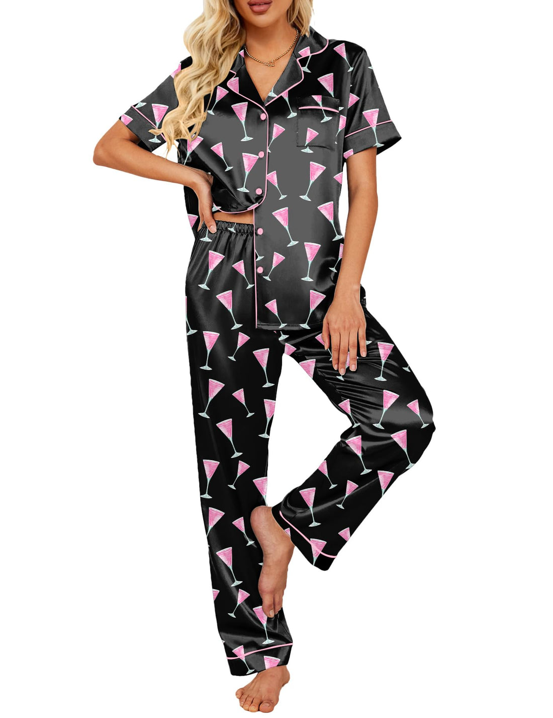 Ekouaer 2 Piece Satin Short Sleeve Pajamas Set Button Down Sleepwear