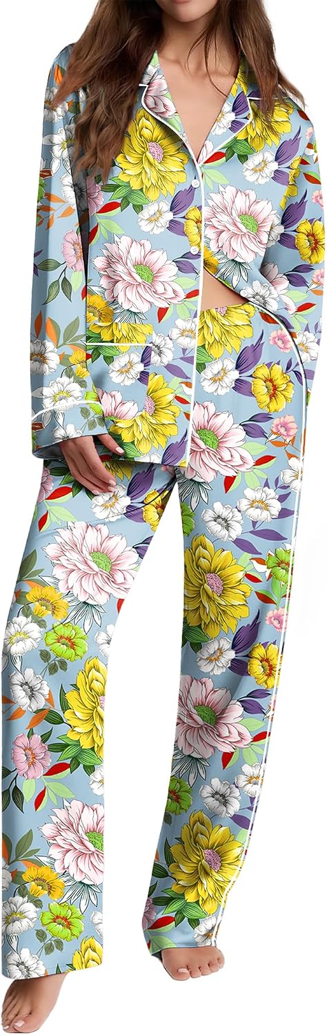 Ekouaer Womens Pajama Sets Satin Silk Pjs Long Sleeve Button Down Sleepwear