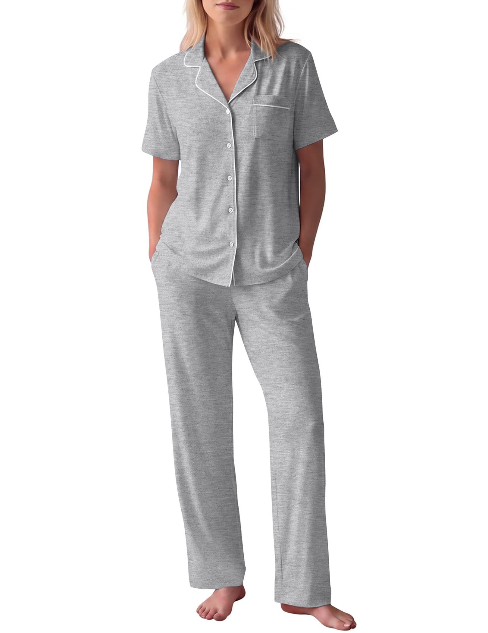 HNG Women Pajamas Set 2 Piece Button Up Pajamas Pant and Short Sleeve Shirt for Woman Pj Sets with Pocket