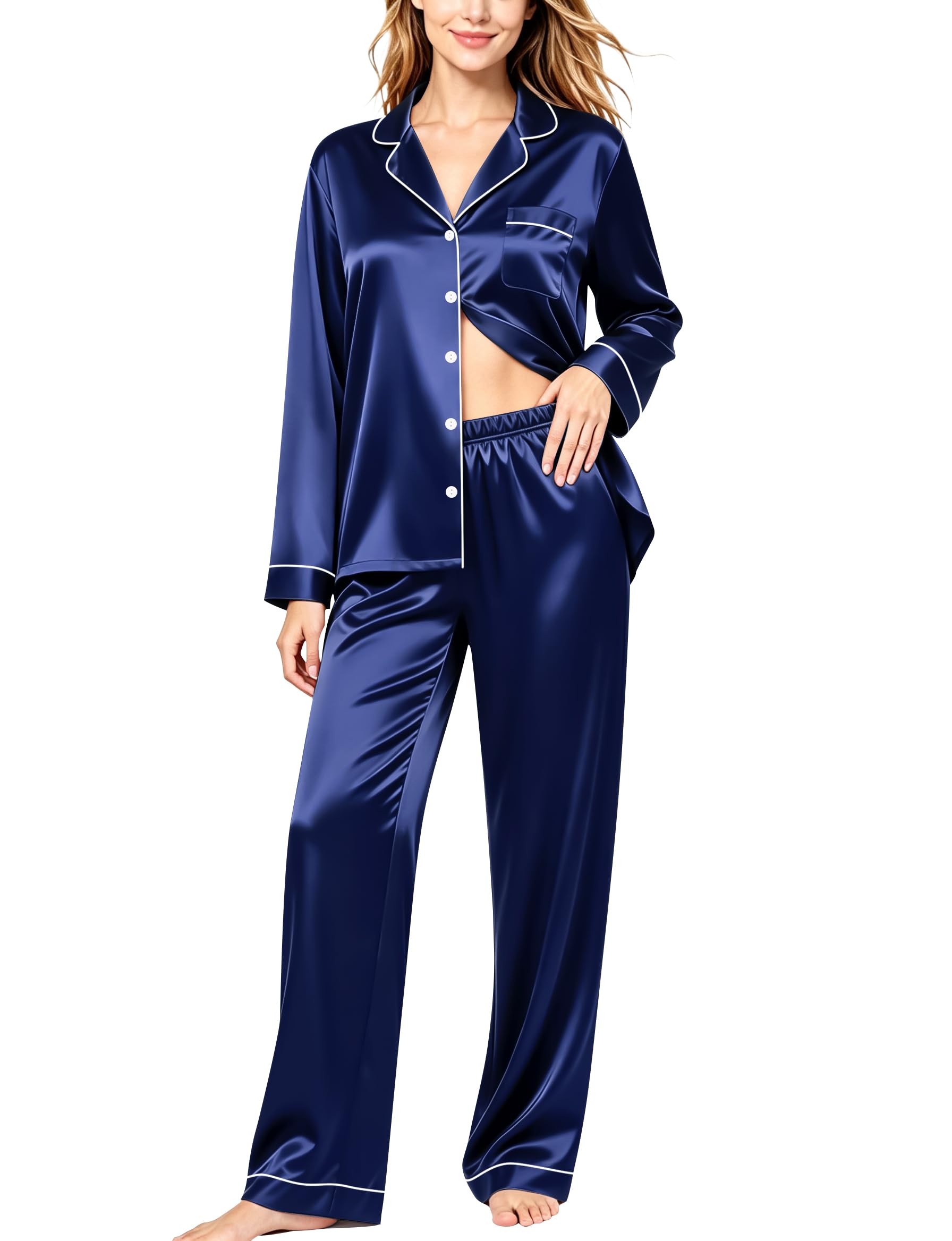 SWOMOG Womens Silk Satin Pajamas Set Long Sleeve Button Down Sleepwear 2 Piece Lounge Set Pj Set XS-3XL