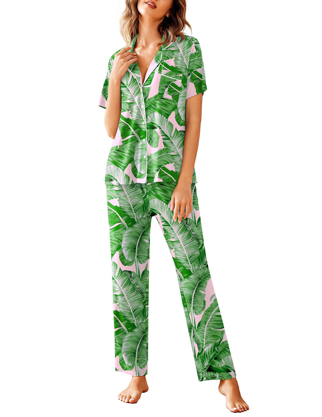Avidlove Women Pajamas Set Notch Collar Soft Sleepwear Pjs Short Sleeve Button Down Nightwear with Long Pants
