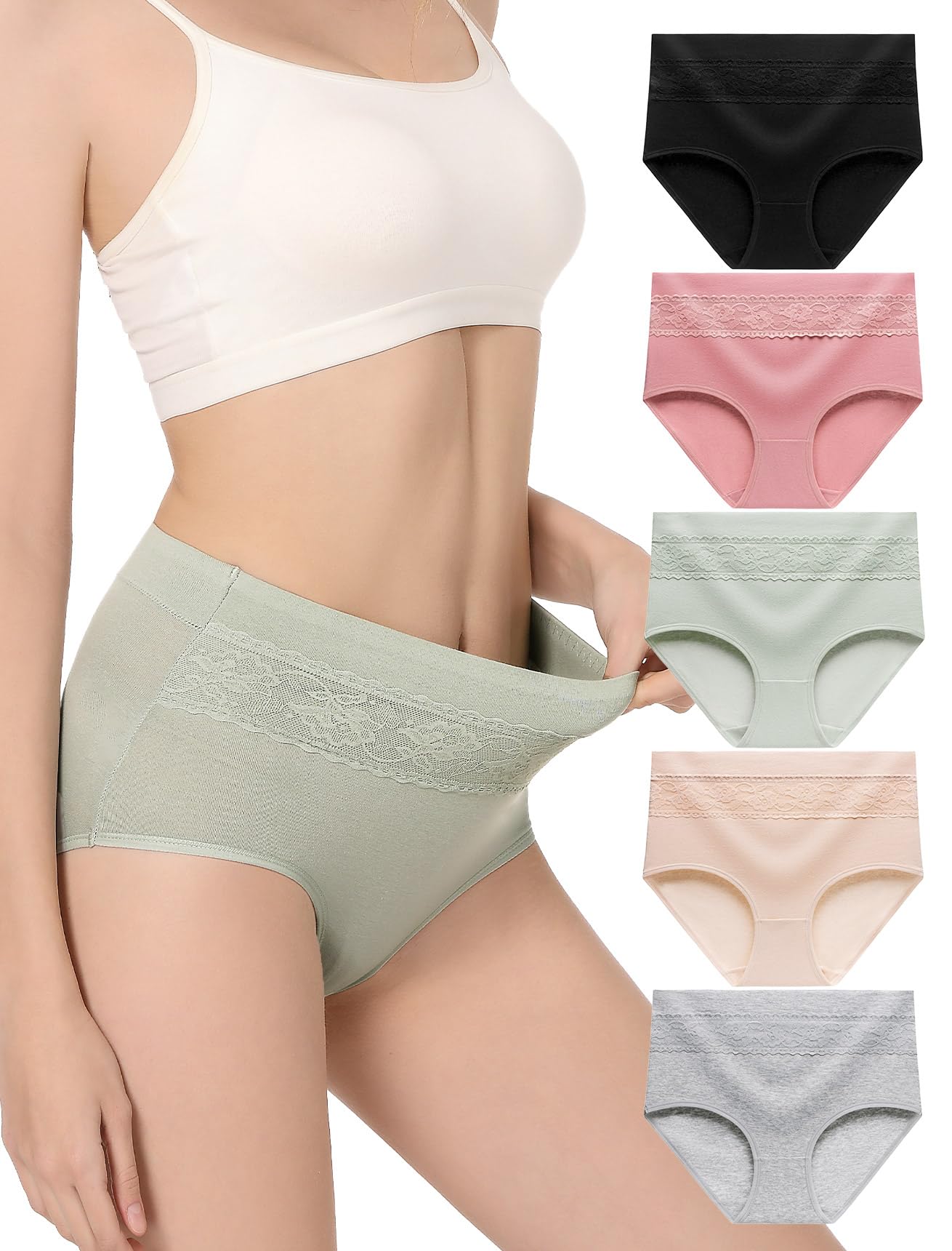 HAVVIS Women's Briefs Underwear Cotton High Waist Tummy Control Panties Rose Jacquard Ladies Panty Multipack