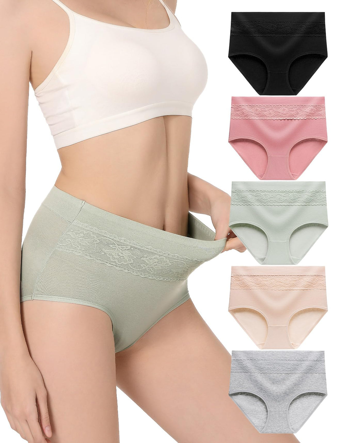 HAVVIS Women's Briefs Underwear Cotton High Waist Tummy Control Panties Rose Jacquard Ladies Panty Multipack