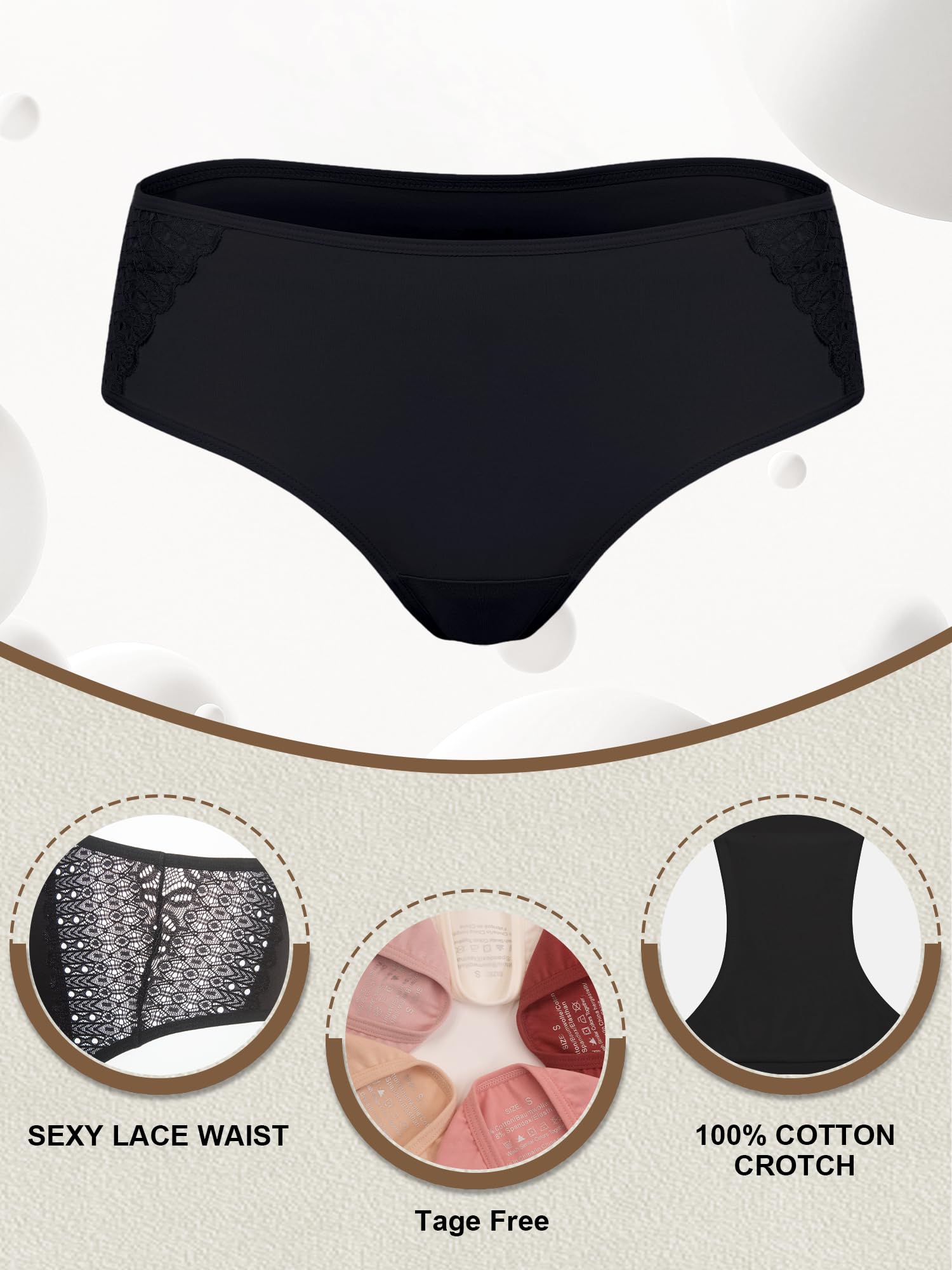 COLORFULLEAF Women's Cotton Hipster Panties Sexy Lace Underwear Pack Soft Moisture Wicking Bikini Briefs