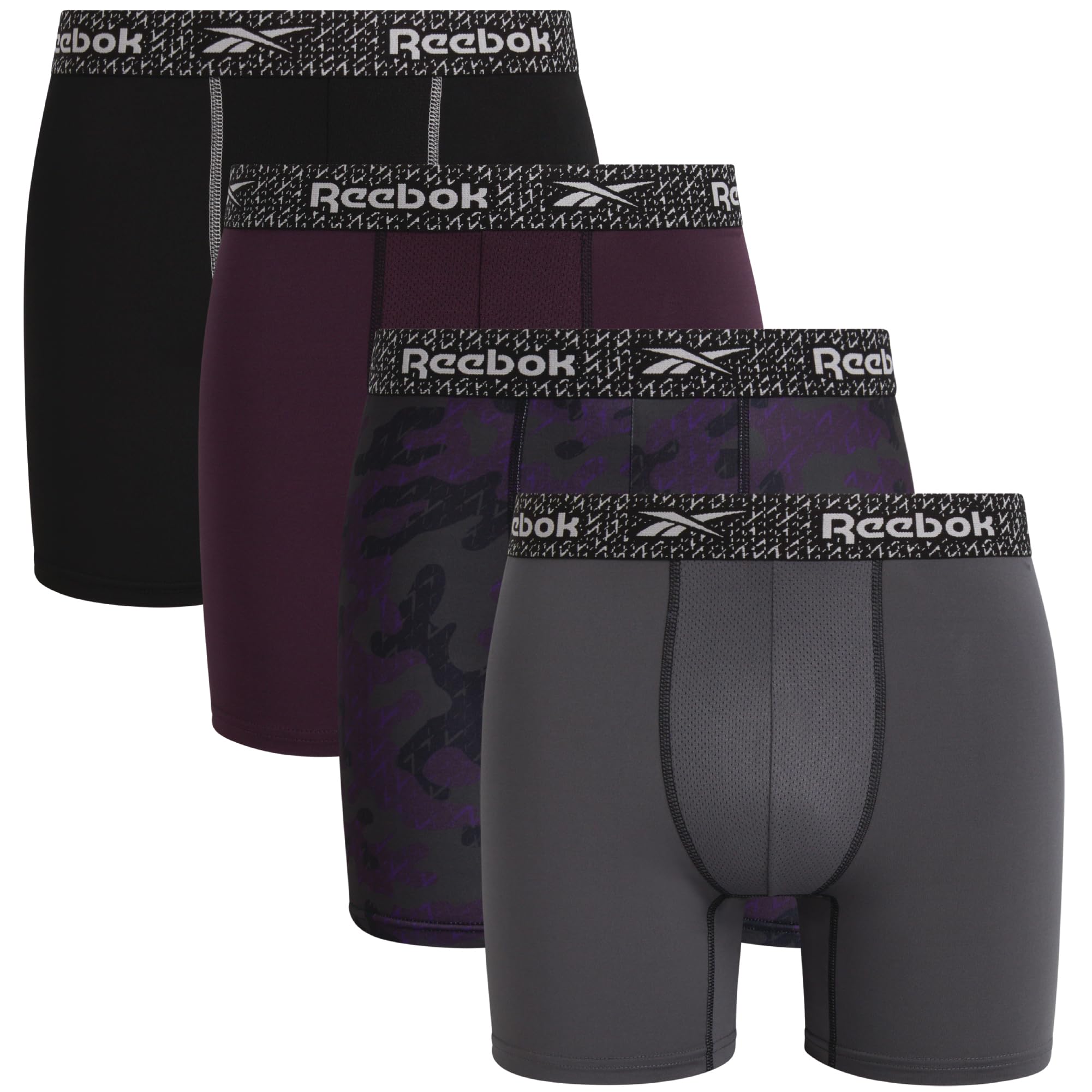 Reebok Mens Boxer Briefs - 4 Pack Underwear with Contour Pouch, 6'' Inseam | Athletic Stretch Performance Moisture-Wicking Fabric, No Fly Pouch, Tag-Free Waistband